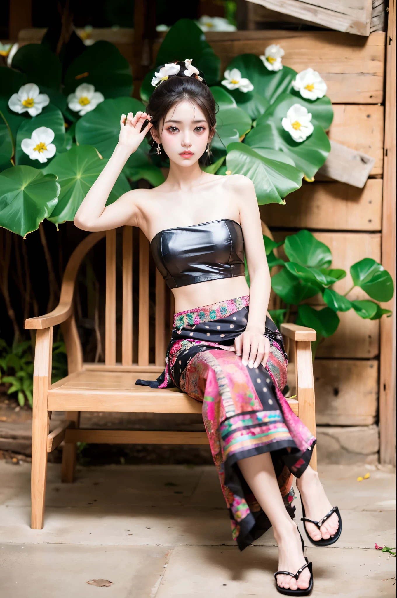 (masterpiece, best quality:1.2),1girl, black hair, breasts, brown eyes,Dai ethnic skirt, flower, leaf, lily \(flower\), strapless dress,Sitting on a chair,Chinese Dai ethnic clothing, lily pad, lotus, plant, potted plant, sandals, short hair, sitting, solo, white flower, wooden floor