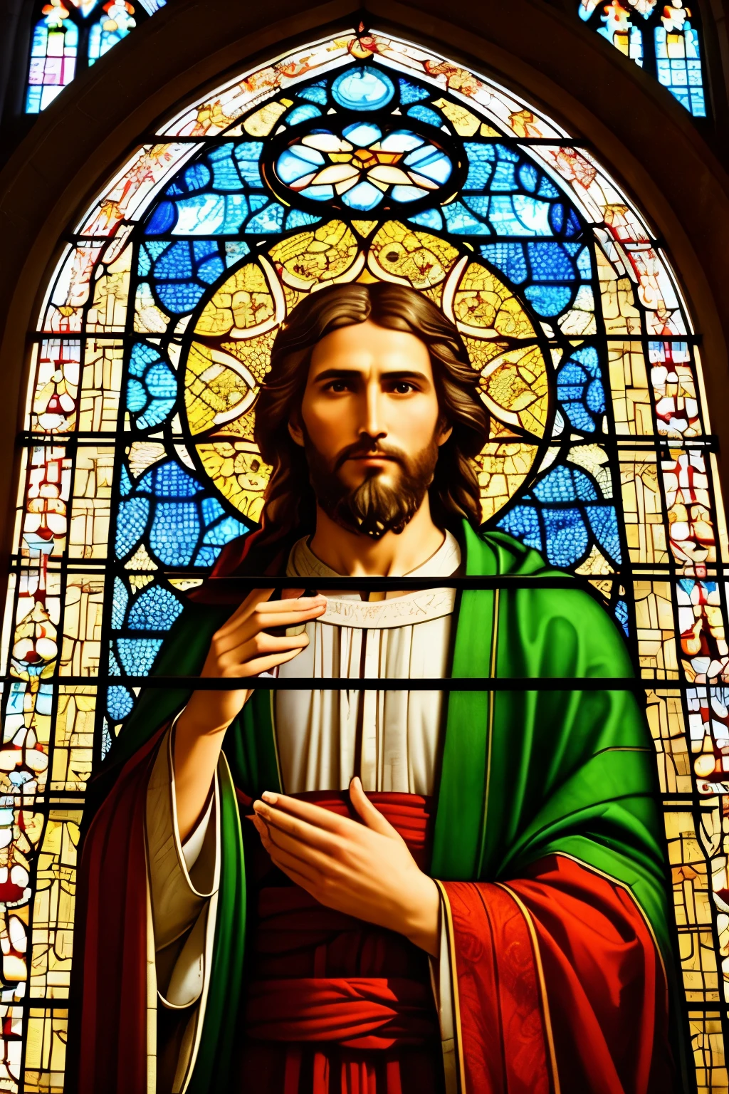 In this inspired image, the figure of a wise and serene prophet is depicted against a backdrop of radiant sunlight filtering through stained glass windows, casting warm, intricate patterns on his face. With one hand raised and palm open, he speaks with conviction, his deeply penetrating gaze fixed on the viewer. A scroll in his other hand bears the inscription, "To him all the prophets bear witness that everyone who believes in him receives forgiveness of sins through his name."
This masterpiece is rendered with the utmost care and attention to detail, every fiber of the prophet's robe, every filigree detail on the stained glass window, and every imperfection in the