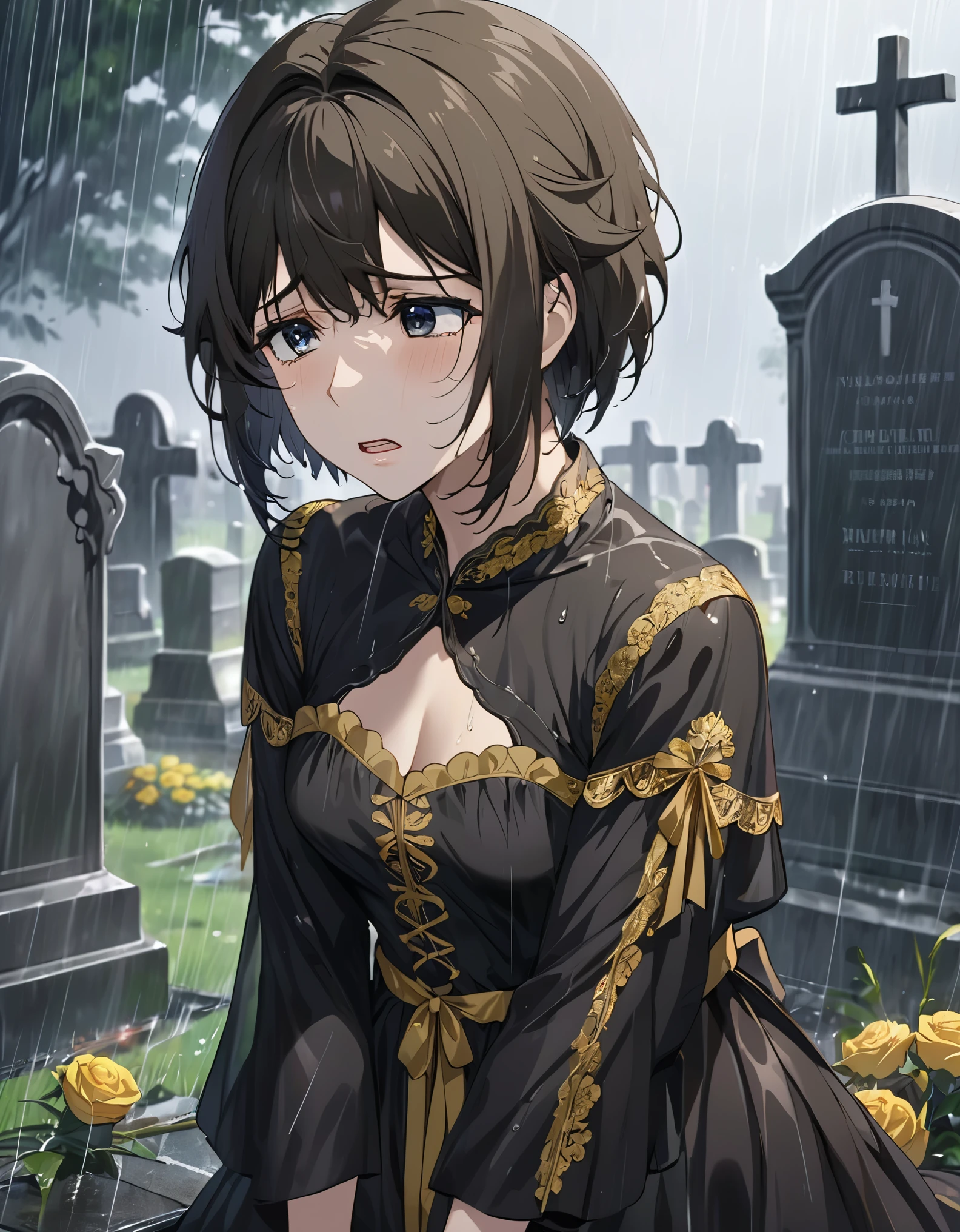 (masterpiece, best quality:1.2), short hair，Eyes are very delicate，Exquisite hair color，（（black and gold dress））in front of tombstone，Cry in the rain，sad expression，（（tears））