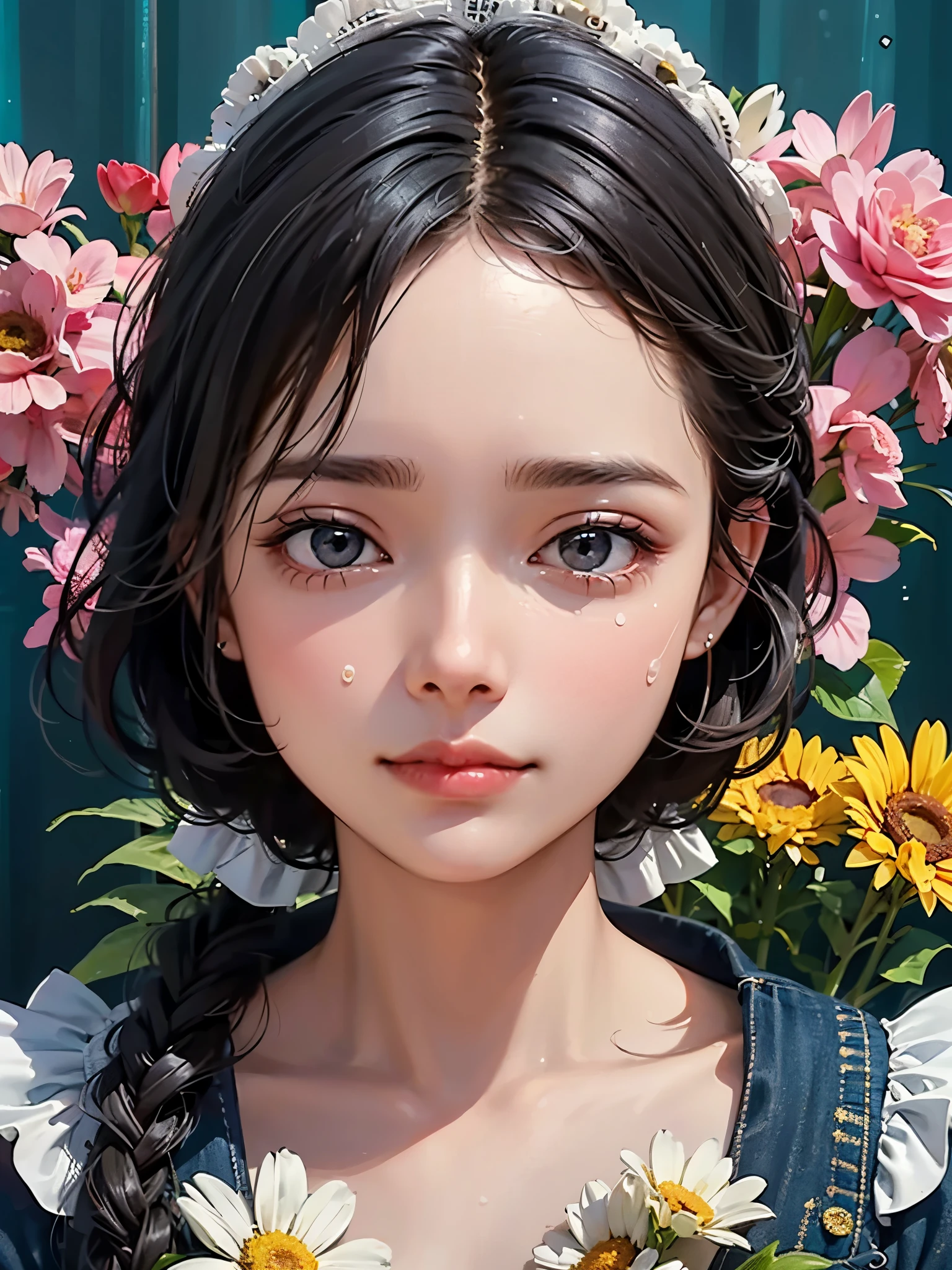 Beautiful girl crying，Tears flow down the cheeks，The eyes are sharply focused，Beautiful flowers surrounded，The colors are bright and vivid，High saturation，8k，Super fine，Rich details，Extreme details，masterpiece，high quality