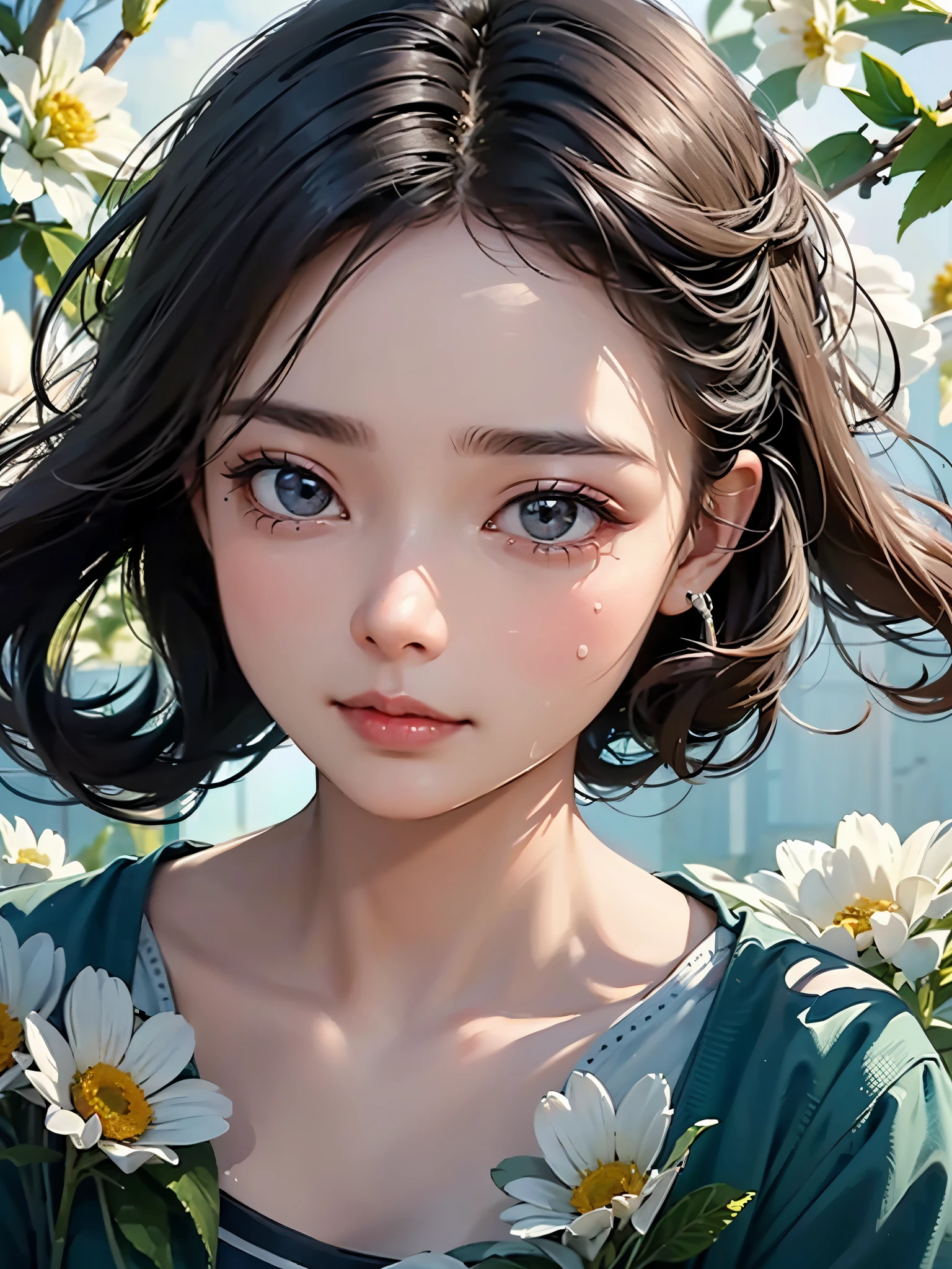 Beautiful girl crying，Tears flow down the cheeks，The eyes are sharply focused，Beautiful flowers surrounded，The colors are bright and vivid，High saturation，8k，Super fine，Rich details，Extreme details，masterpiece，high quality