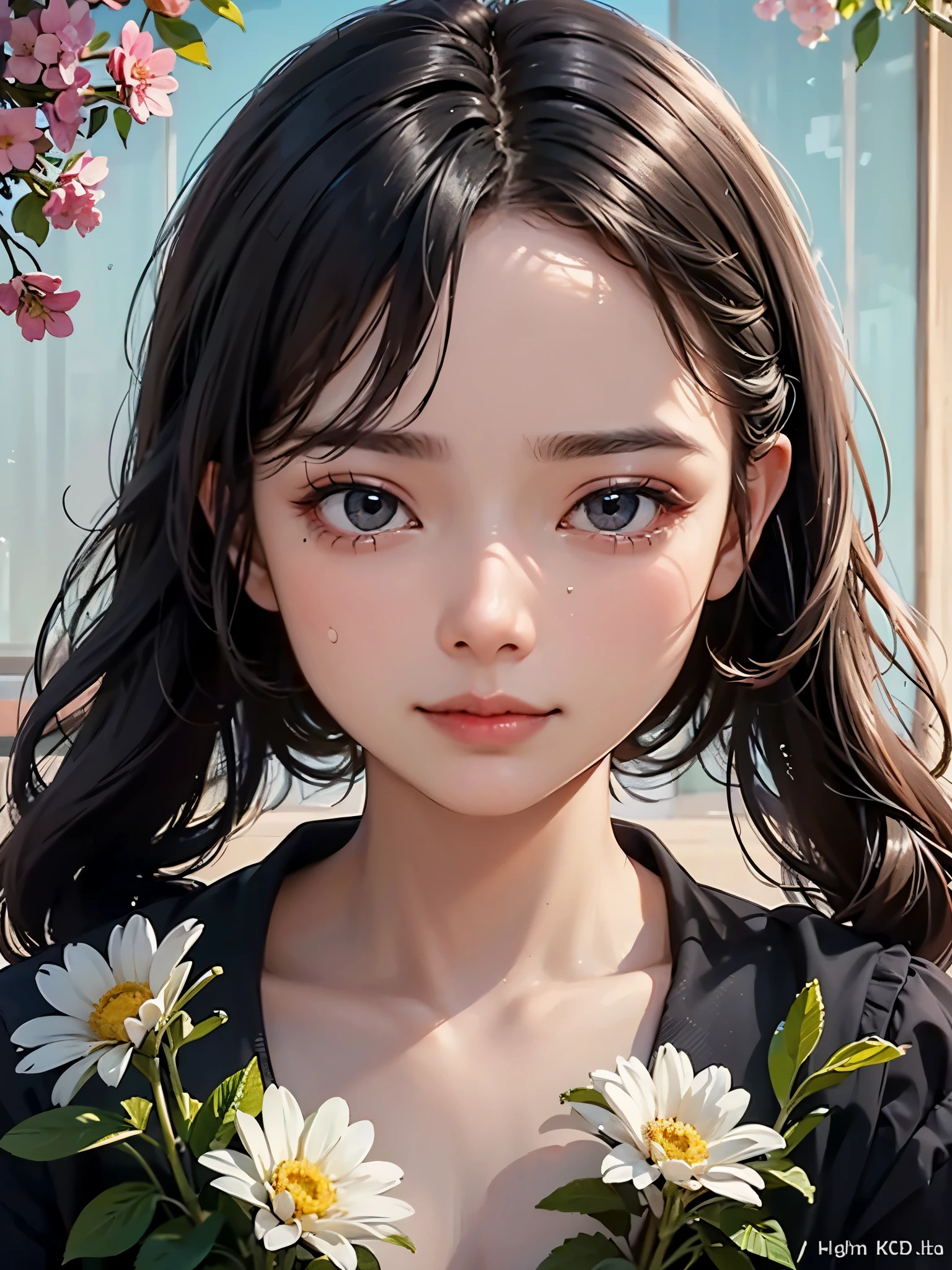 Beautiful girl crying,Tears flow down the cheeks,The eyes are sharply focused,Beautiful flowers surrounded,The colors are bright and vivid,High saturation,8k,Super fine,Rich details,Extreme details,masterpiece,high quality