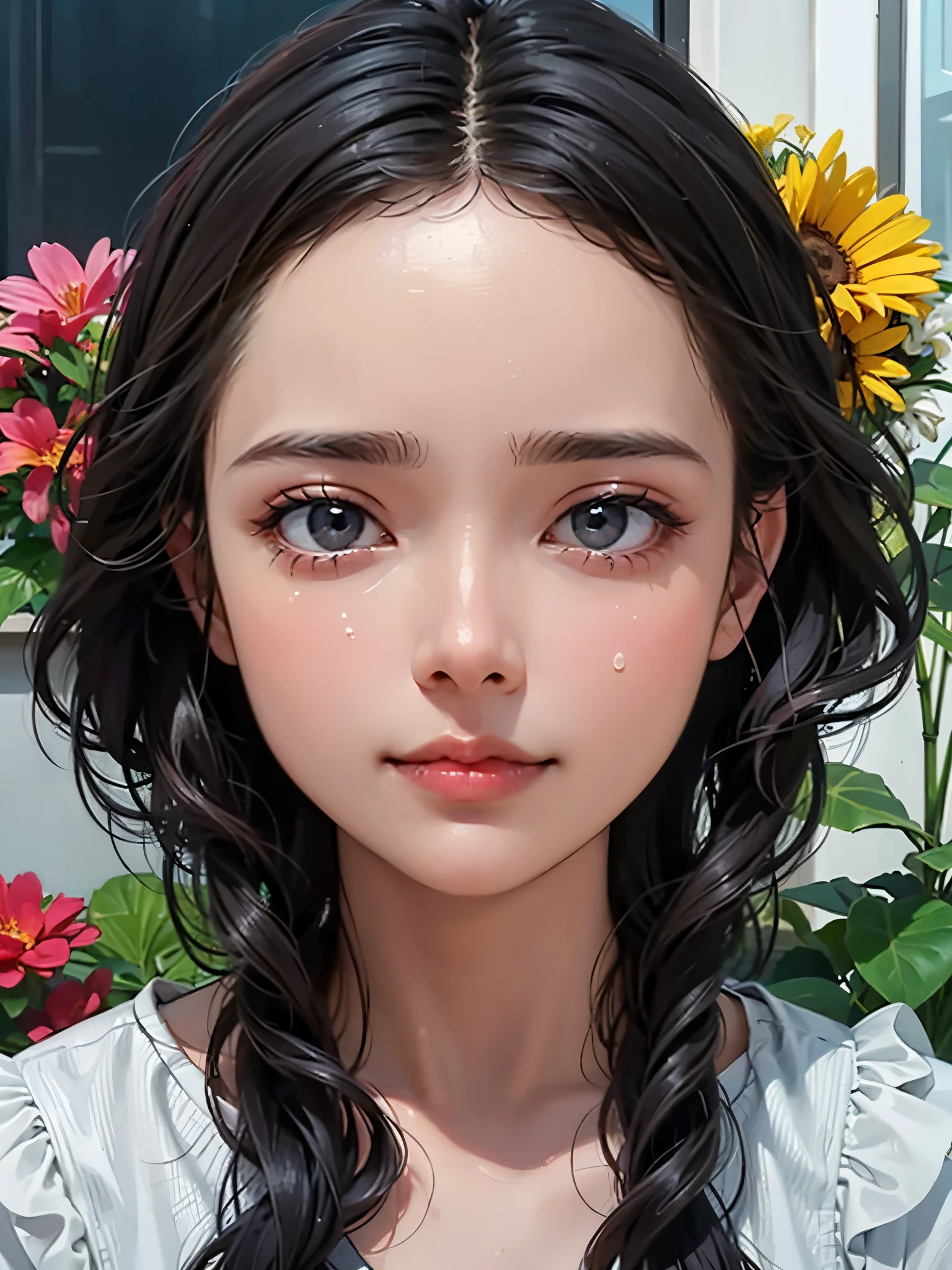 Beautiful girl crying，Tears flow down the cheeks，The eyes are sharply focused，Beautiful flowers surrounded，The colors are bright and vivid，High saturation，8k，Super fine，Rich details，Extreme details，masterpiece，high quality