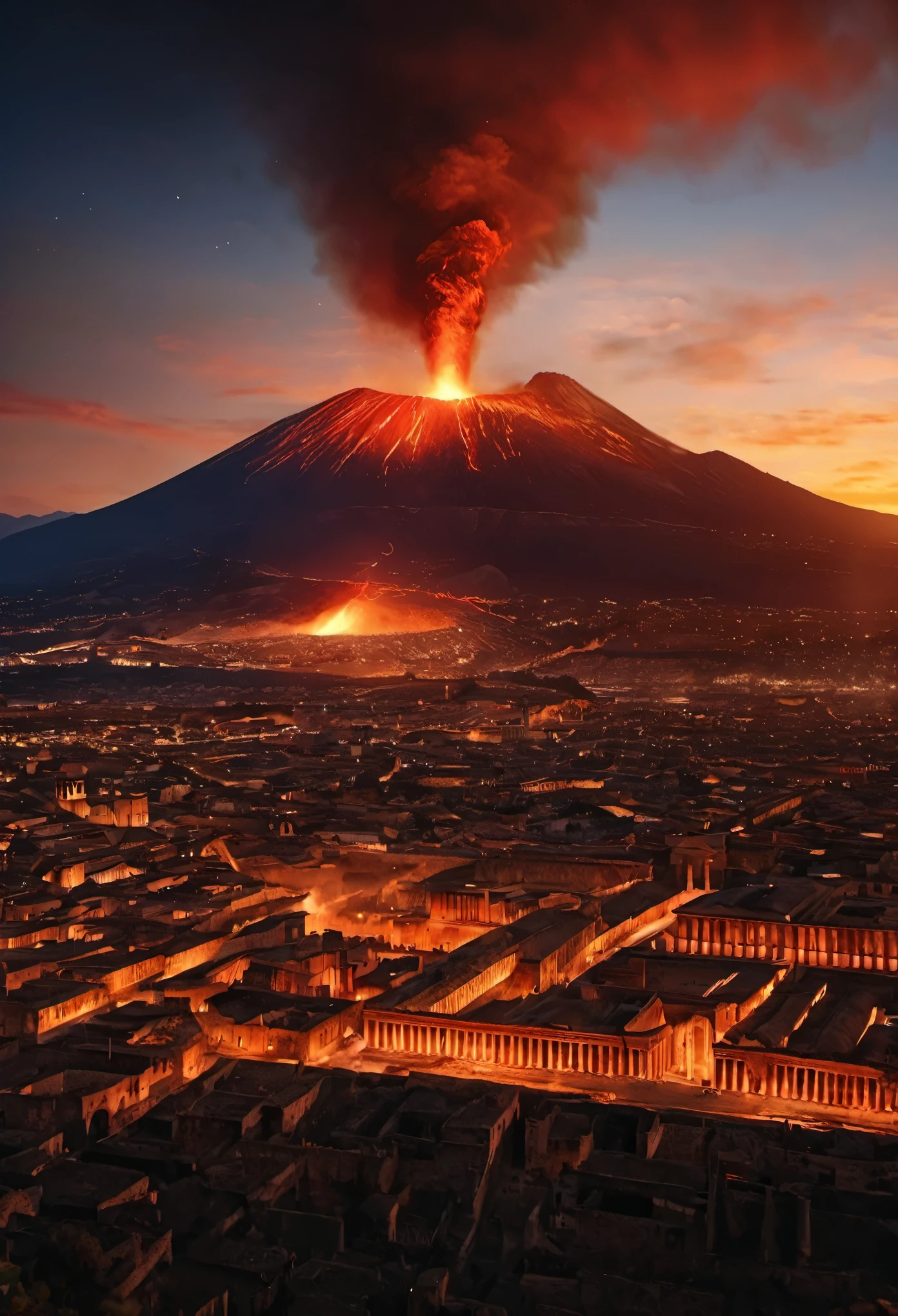 Vesuvius erupts, incandescent lava submerges Pompeii. Dawn over ancient Pompeii, ancient Rome, the city of Pompeii, the heyday, behind the mountains and the volcano Vesuvius erupting, 8k render, HDR,