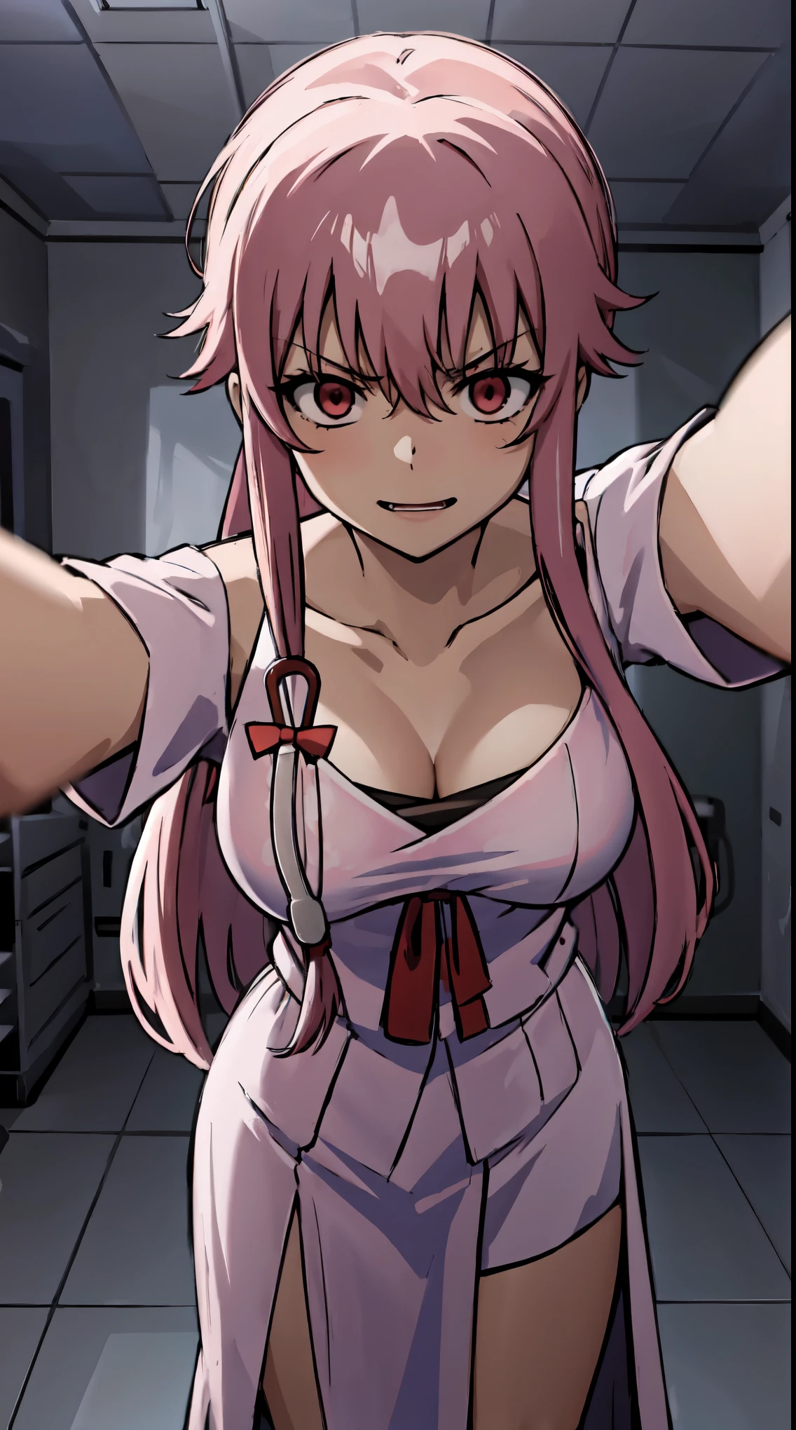 anime_still, masterpiece, best quality, 1girl, Gasai Yuno,large breasts, red eyes, (hospital_gown:1.5), (Psychiatric hospital:1.5), insane, ((padded room)), asylum, Psycho, padded room, mental patient, exposed cleavage, empty eyes, (shaded face:1.1), pov selfie, 1girl solo, kabedon pov, EVIL SMILE, (YANDERE,CRAZY EXPRESSION:1.6), angry eyes