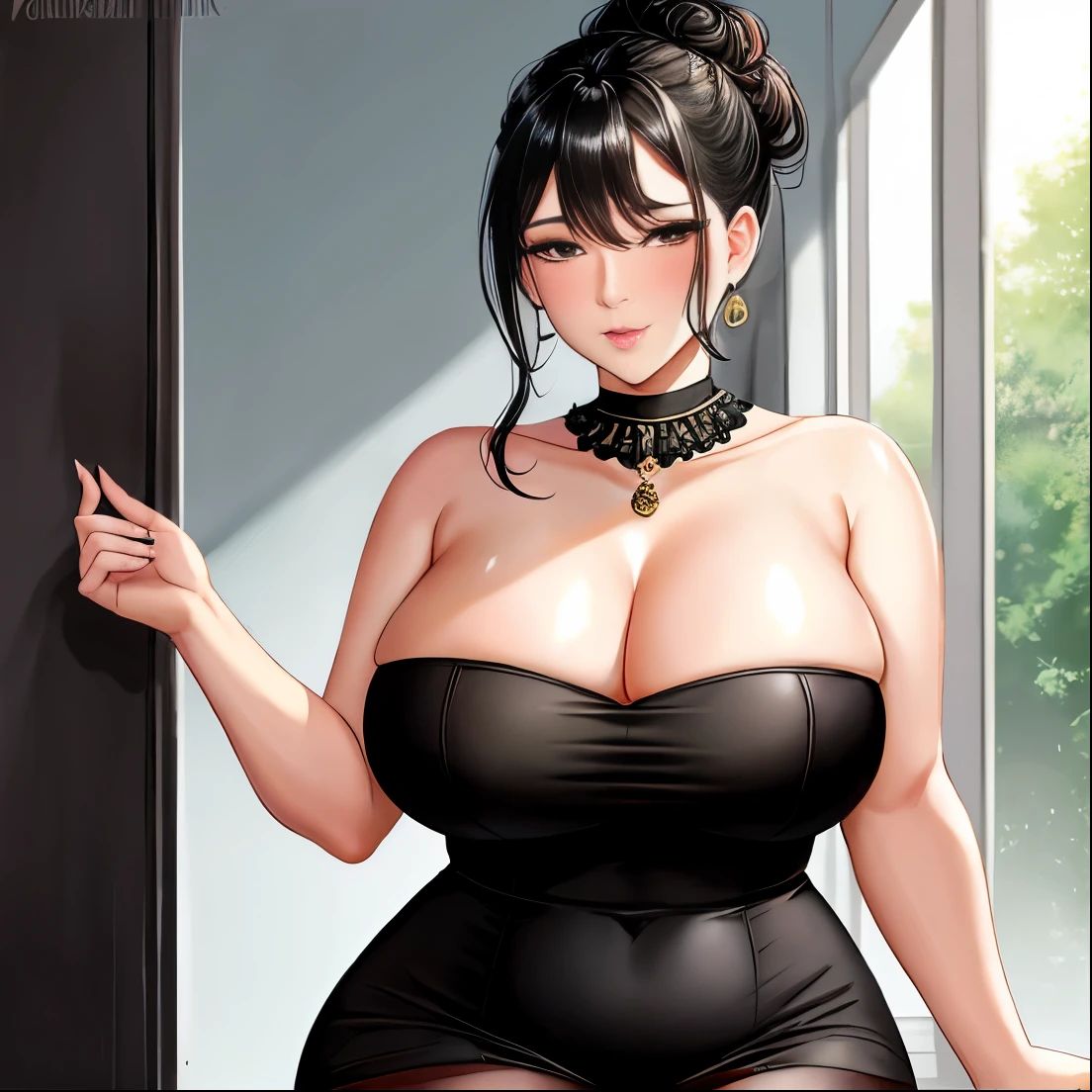 Sexy thick woman, black hair in a bun, plump face, seductive eyes, medium nose, perfect pink lips seductively parted, fairest skin, black long dress, stripping, exposing bare shoulders