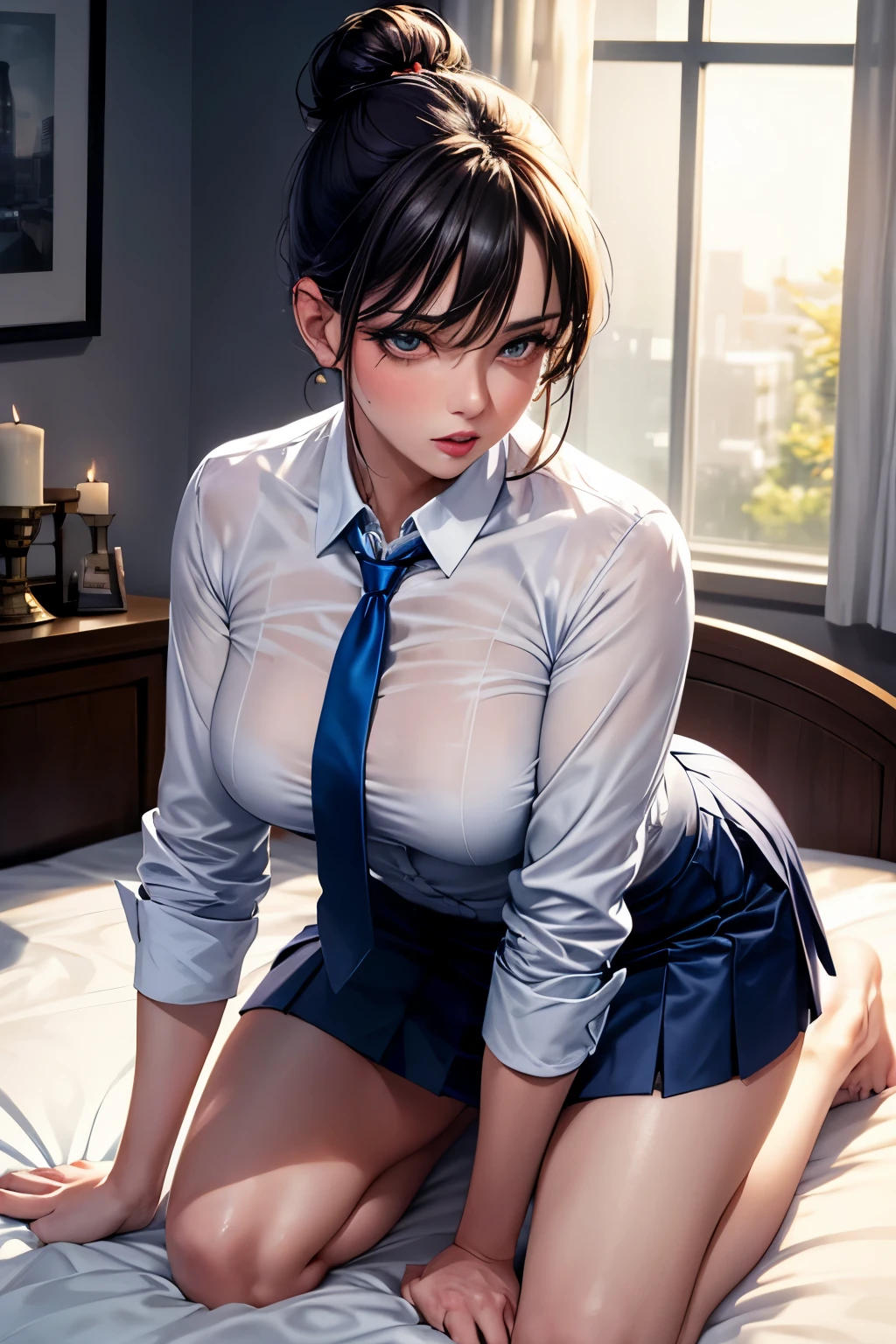 Sexy woman, seductive gaze, parted lips, white shirt, blue tie and skirt, kneeling down on bed, tying her hair in a bun, night time, candles lit