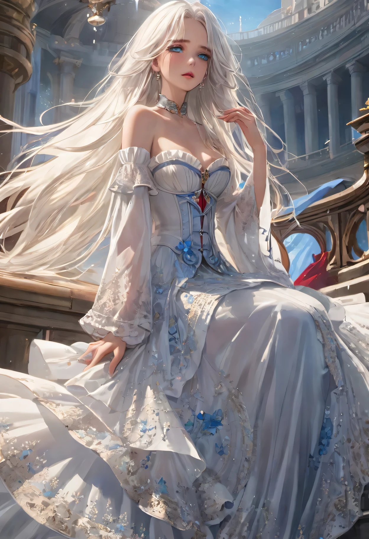 ((Extremely detailed CG unified 8K wallpaper)), masterpiece, super detailed, floating, High resolution, Sexual innuendo, (small, White hair looks ridiculous, Princess, blue eyes, (Gorgeous long white and red sheer tiered maxi dress,Long parted wide sleeves and intricate embroidery), blush, Shy, Ruffled petticoat, Gorgeous corset,
