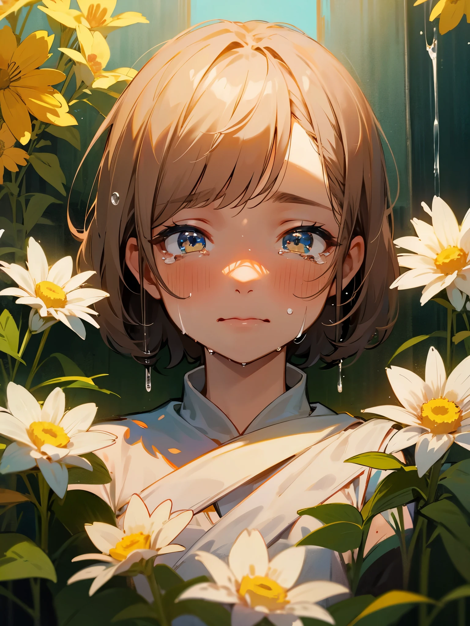 Beautiful girl crying，Tears flow down the cheeks，Lots of tears，The eyes are sharply focused，Beautiful flowers surrounded，The colors are bright and vivid，High saturation，8k，Super fine，Rich details，Extreme details，masterpiece，high quality