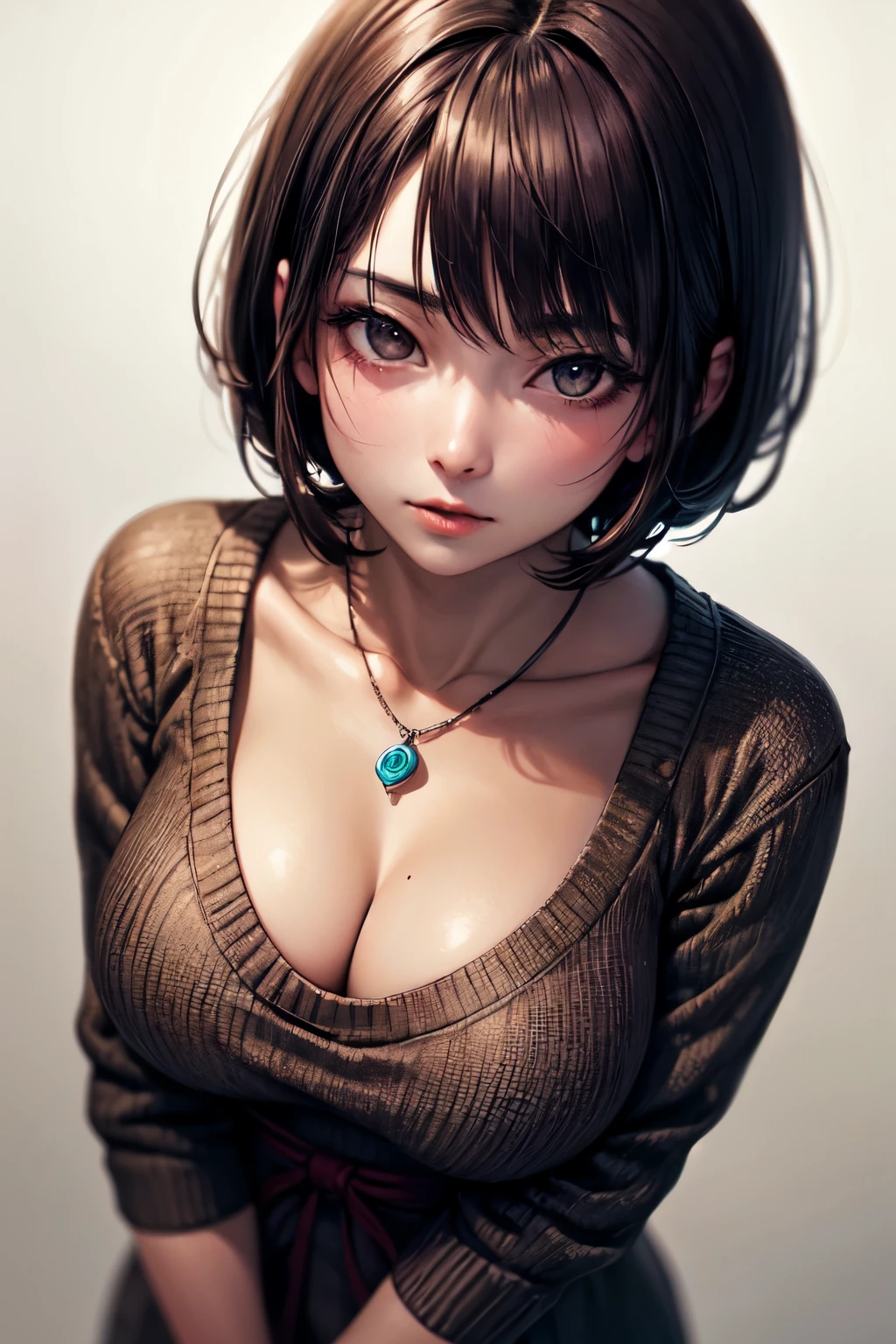 (Best quality, 8k, 32k, Masterpiece, UHD:1.2),Photo of Pretty Japanese woman, large breasts, very short bob hair,upper body,face focus,oversized_sweater, necklace, simple background, from above, looking at viewer,