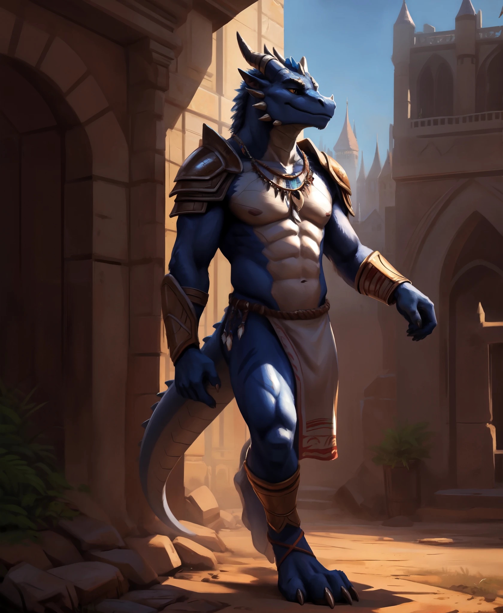 uploaded on e621, (male anthro dragon), standing, solo, muscle, detailed scale texture, old castle, (battlefield), (tribal clothing, ((long loincloth))), (shoulder armor, leg armor), blue body, white belly, dawn, shaded, dim environment, (front view), looking pleasured, [simple background], detailed eyes, masterpiece artwork, caustics, rim lighting, single light source, sharp shadows, solo portrait, (digitgrade, toe claw), (realistic, photorealistic, hyper realistic, ultra detailed), by kenket, chunie