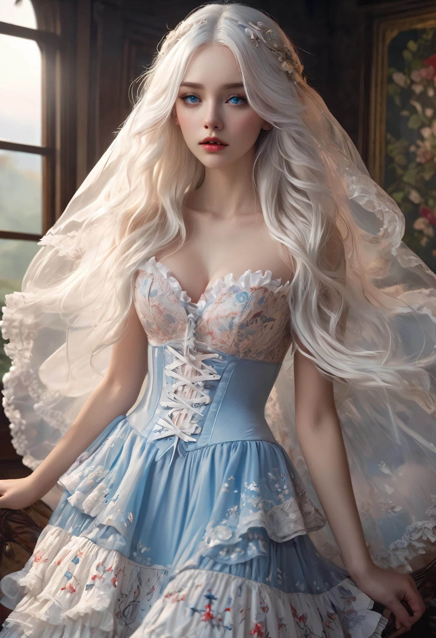 ((Extremely detailed CG unified 8k wallpaper)), masterpiece, Super detailed, floating, High resolution, Sexual innuendo, The expression of sadness and crying, Ridiculously long white hair, Princess, blue eyes, (Gorgeous long white and red sheer tiered maxi dress,Long separate wide sleeves and intricate embroidery), blush, Shy, (shed delicate tears,Tears rolled down cheeks),Ruffled petticoat, Gorgeous corset,