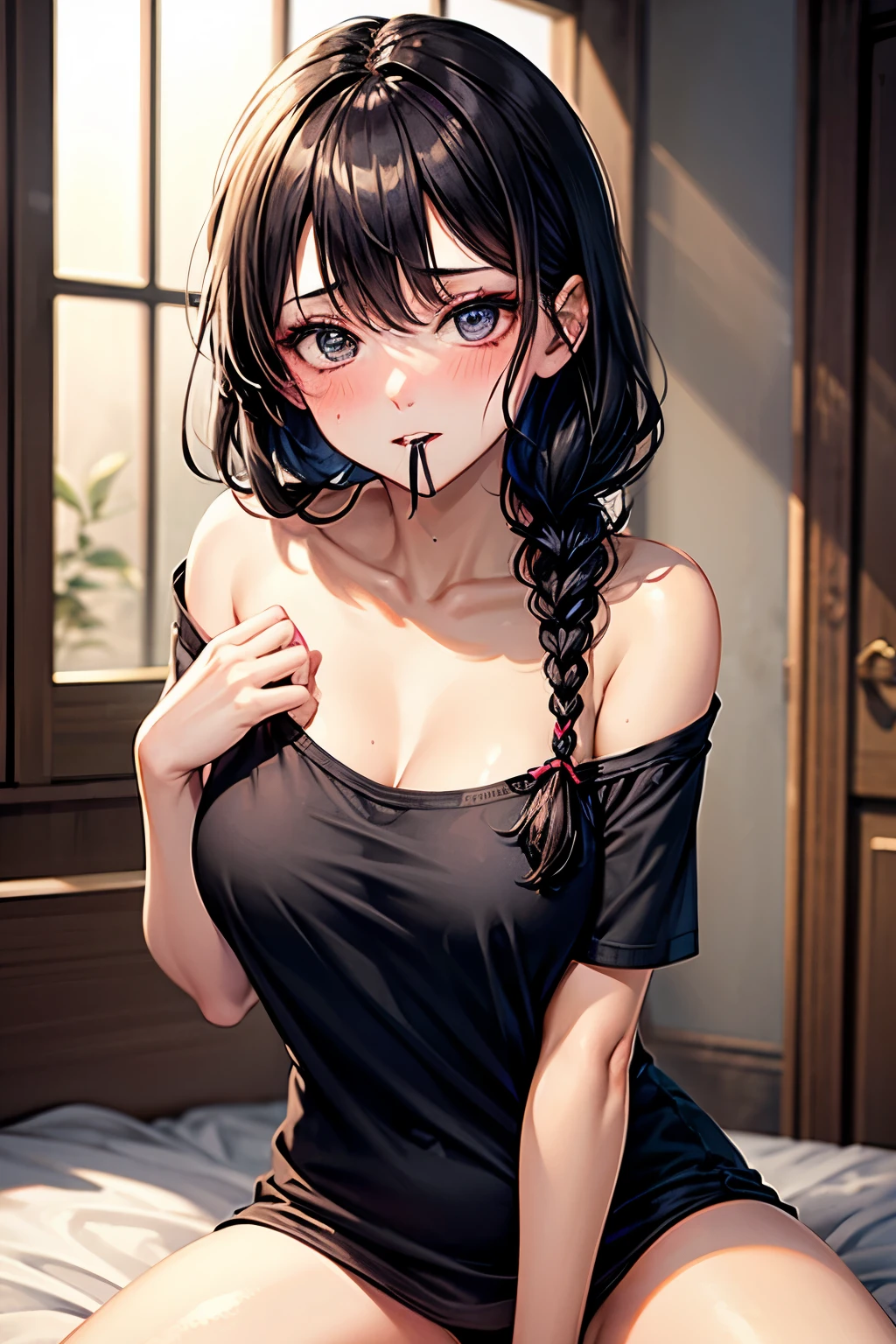 Sexy woman, black hair, single braid, seductive eyes, intense gaze, mouth parted, deep blush, flustered, beautiful face, amazing makeup, off shoulder t shirt