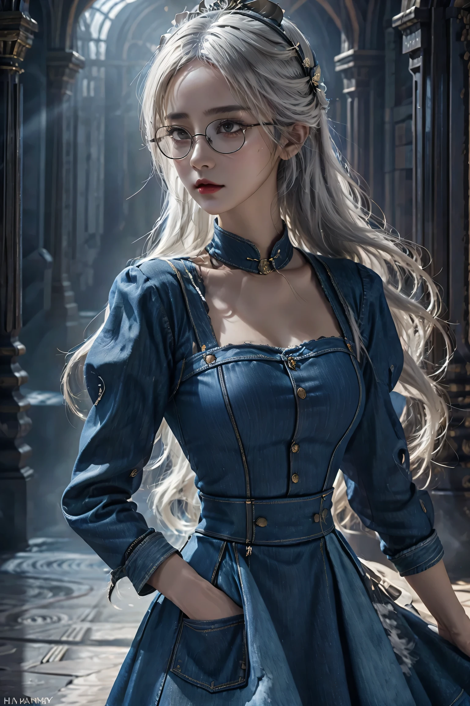 (in the darkness: 1.6),Surrealist female portrait, fantasy art, photorealism, dynamic lighting, art station, poster, Volumetric lighting, Very detailed faces, 4K,1 girl, in the darkness, deep shadow, low profile, (Denim maid outfit: 1.4), long hair, white hair, shed delicate tears,Tears rolled down my cheeks, luxurious palace, royal style, (wear glasses),(hair accessories),