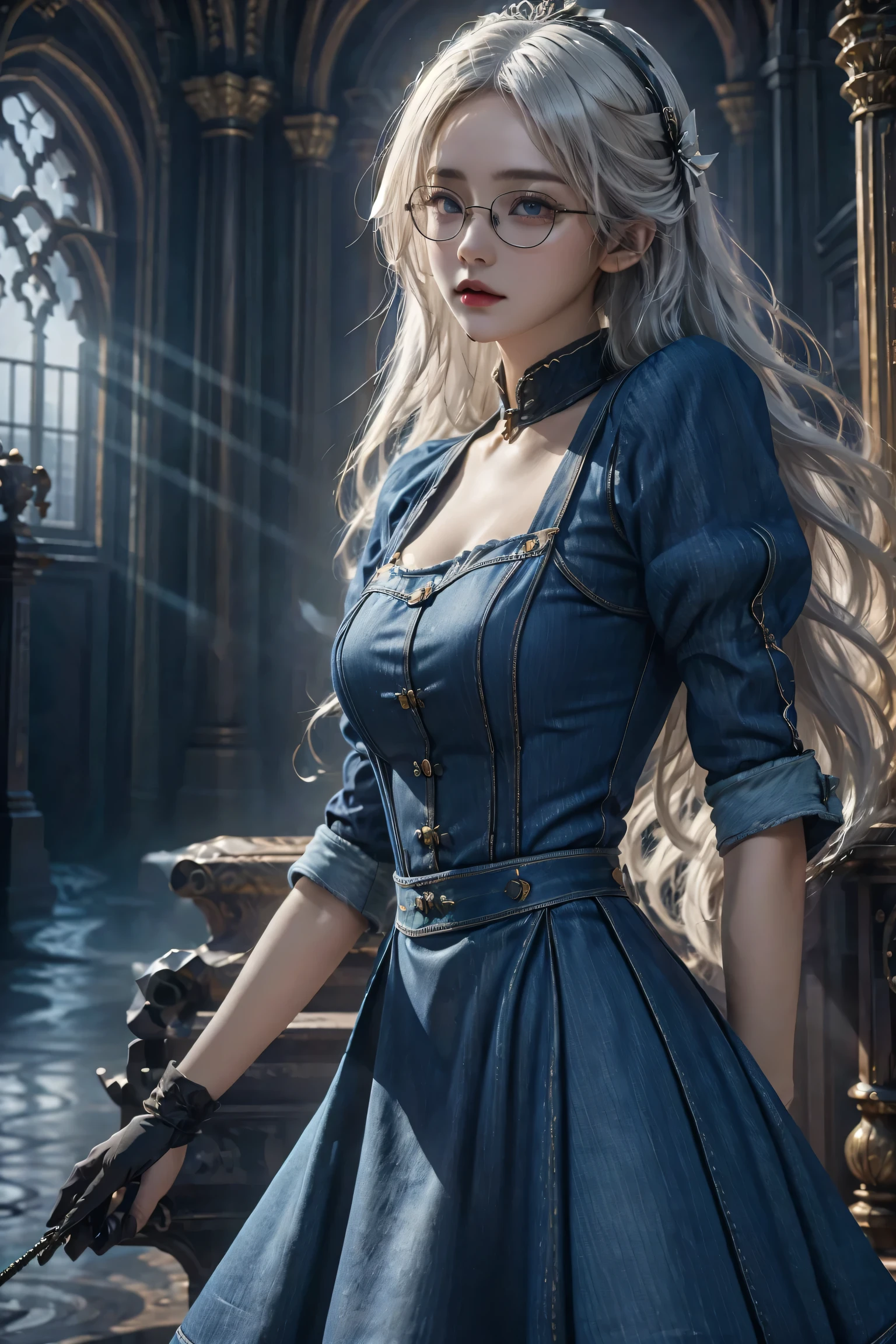 (in the darkness: 1.6),Surrealist female portrait, fantasy art, photorealism, dynamic lighting, art station, poster, Volumetric lighting, Very detailed faces, 4K,1 girl, in the darkness, deep shadow, low profile, (Denim maid outfit: 1.4), long hair, white hair, shed delicate tears，Tears rolled down my cheeks, luxurious palace, royal style, (wear glasses),(hair accessories),