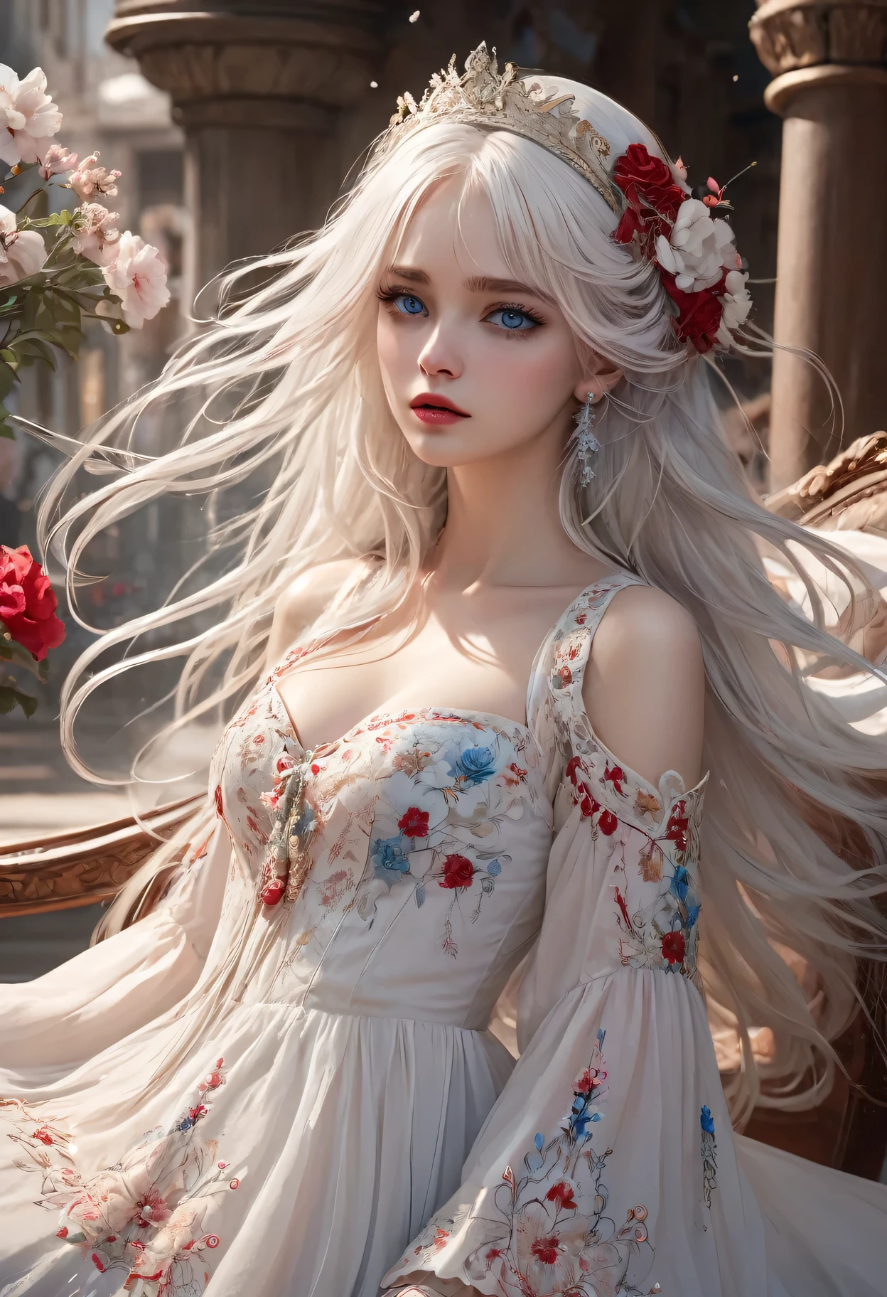 ((Extremely detailed CG unified 8K wallpaper)), masterpiece, super detailed, floating, High resolution, Sexual innuendo, (small, White hair looks ridiculous, Princess, blue eyes, (Gorgeous long white and red sheer tiered maxi dress,Long parted wide sleeves and intricate embroidery), blush, Shy, shed delicate tears,Tears rolled down my cheeks,Ruffled petticoat, Gorgeous corset,