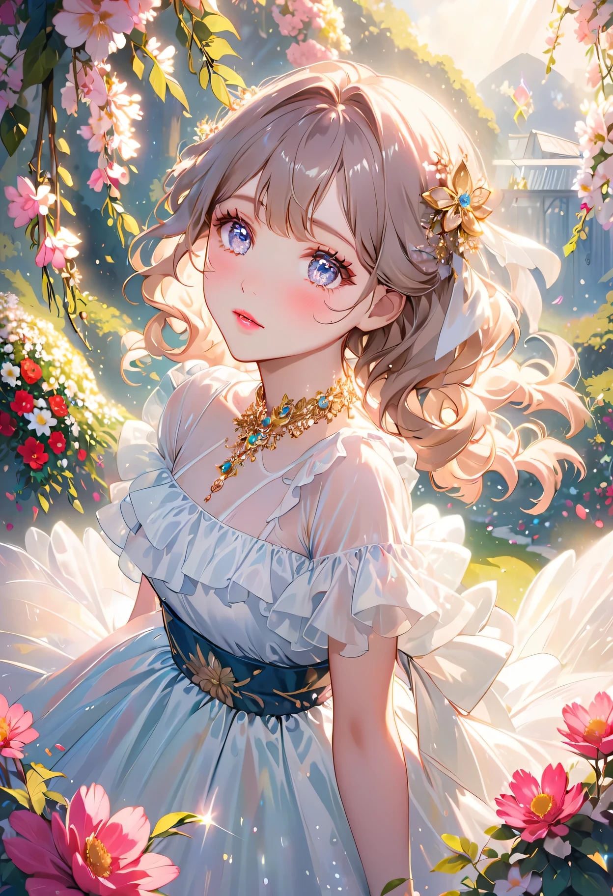 Shiny Girly Luxury Korean Doll Transparent Dress, radiant skin,Captivating detail eyes,Fluffy wavy hair hanging around the waist,perfect makeup,Delicate and rosy cheeks,vibrant pink lips,shed delicate tears,Tears rolled down my cheeks,elegant posture,Surrounded by magical gardens,Charming flowers and lush greenery,Soft and dreamy lighting,Ethereal and surreal atmosphere,Magical sparkles and glitter float around her,Golden jewels adorned her neck and wrists