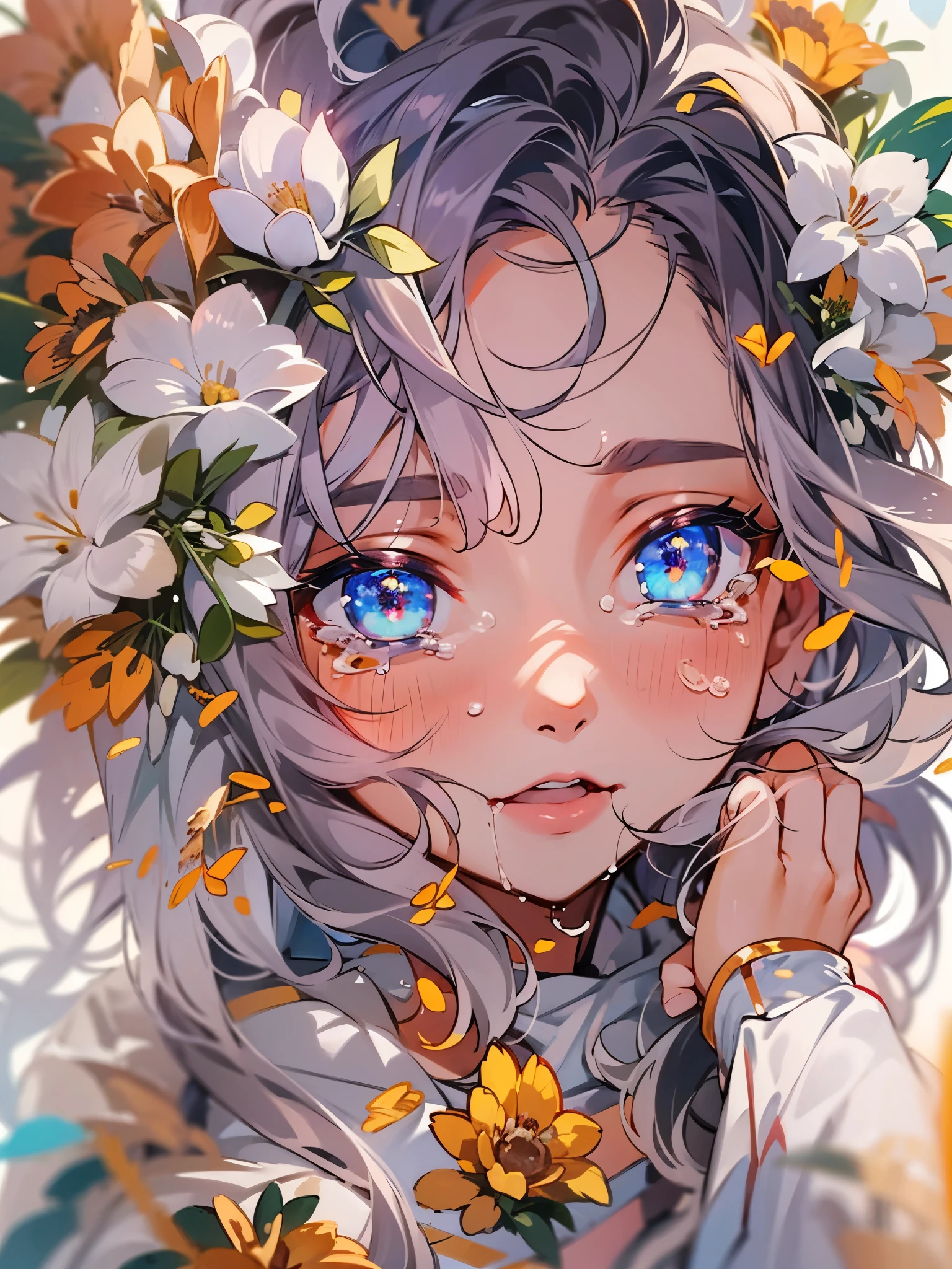 Beautiful girl crying,Tears flow down the cheeks,Lots of tears,The eyes are sharply focused,Beautiful flowers surrounded,The colors are bright and vivid,High saturation,8k,Super fine,Rich details,Extreme details,masterpiece,high quality
