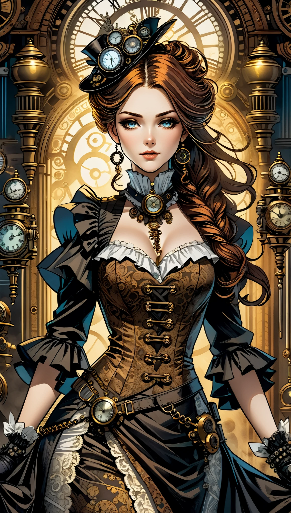 best quality,highres,ultra-detailed,realistic,physically-based rendering,portrait,steampunk,juxtaposition of technology and Victorian aesthetics,vivid colors,gears and machinery,ornate details,long flowing dress,attitude and confidence,piercing gaze,surrounded by steam and smoke,contrasting shadows and highlights,gold accents,dramatic lighting,enchanted atmosphere,subtle hint of mystery,striking composition,meticulous linework,detailed patterns,expressive emotions.