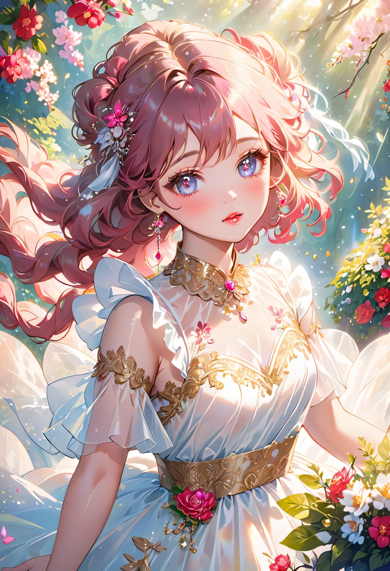 Shiny Girly Luxury Korean Doll Transparent Dress, radiant skin,Captivating detail eyes,Fluffy wavy hair hanging around the waist,perfect makeup,Delicate and rosy cheeks,vibrant pink lips,elegant posture,Surrounded by magical gardens,Charming flowers and lush greenery,Soft and dreamy lighting,Ethereal and surreal atmosphere,Magical sparkles and glitter float around her,Golden jewels adorned her neck and wrists