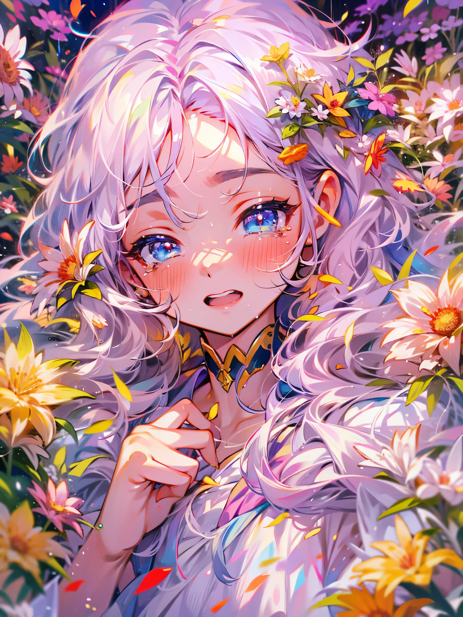Beautiful girl crying，Tears flow down the cheeks，Lots of tears，The eyes are sharply focused，Beautiful flowers surrounded，The colors are bright and vivid，High saturation，8k，Super fine，Rich details，Extreme details，masterpiece，high quality