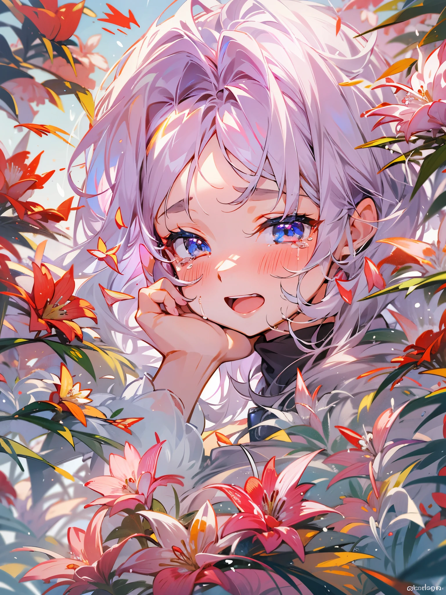 Beautiful girl crying，Tears flow down the cheeks，Lots of tears，The eyes are sharply focused，Beautiful flowers surrounded，The colors are bright and vivid，High saturation，8k，Super fine，Rich details，Extreme details，masterpiece，high quality