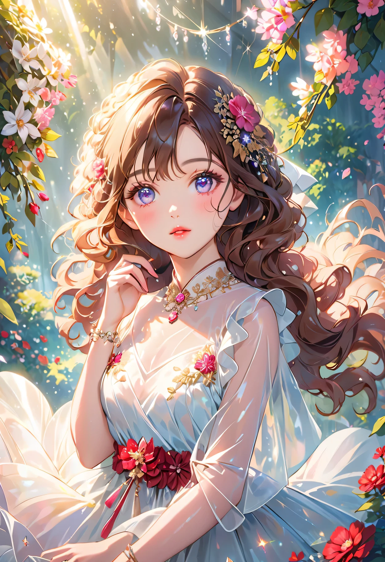 Shiny Girly Luxury Korean Doll Transparent Dress, radiant skin,Captivating detail eyes,Fluffy wavy hair hanging around the waist,perfect makeup,Delicate and rosy cheeks,vibrant pink lips,elegant posture,Surrounded by magical gardens,Charming flowers and lush greenery,Soft and dreamy lighting,Ethereal and surreal atmosphere,Magical sparkles and glitter float around her,Golden jewels adorned her neck and wrists
