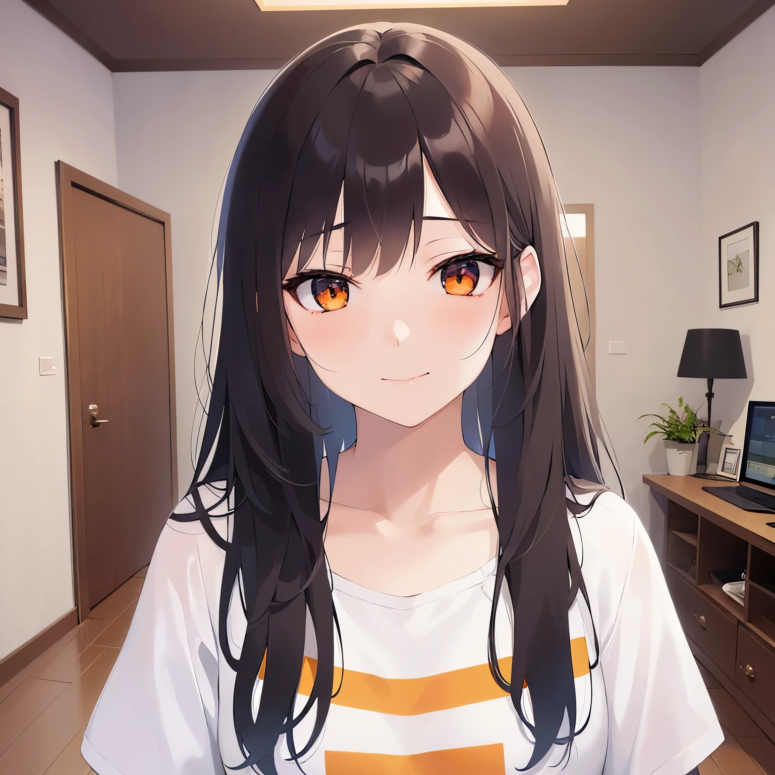 Tilting head、Upper Body, Realistic, real person, (pale skin: 1.2), RAW shiny skin, japanese idol、shiny hair、(25 year old woman with medium hair with bangs) and (wavy hair) and (brown hair) and (orange eyes) , (black) and (plain t-shirt) and (oversize) 、(sad:1.2), smile, The background is the living room、Alone、Are standing