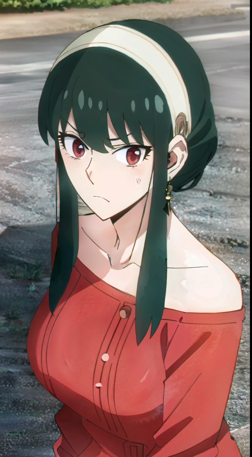 yor forger, frown, black hair, long side hair, white headband, red eyes, BREAK, , big breasts, red sweater, off shoulder, bare neck, BREAK, upper body, looking at viewer, masterpiece, ultla high quality, detailed shadow, outdoor, town,