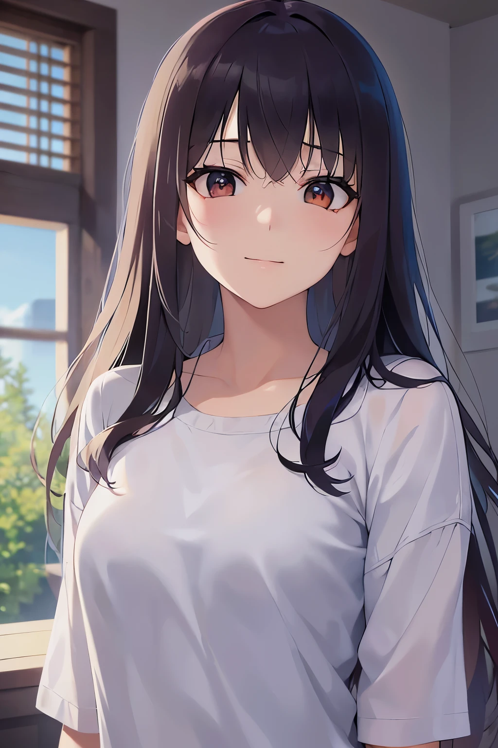 Upper Body, Realistic, real person, (pale skin: 1.2), RAW photo, photorealistic, portrait photography, shiny skin, japanese idol、shiny hair、(25 year old woman with medium hair with bangs) and (wavy hair) and (brown hair) and (orange eyes) , (black) and (T-shirt) and (oversize) 、(sad:1.2), smile, The background is the living room、Alone、Are standing