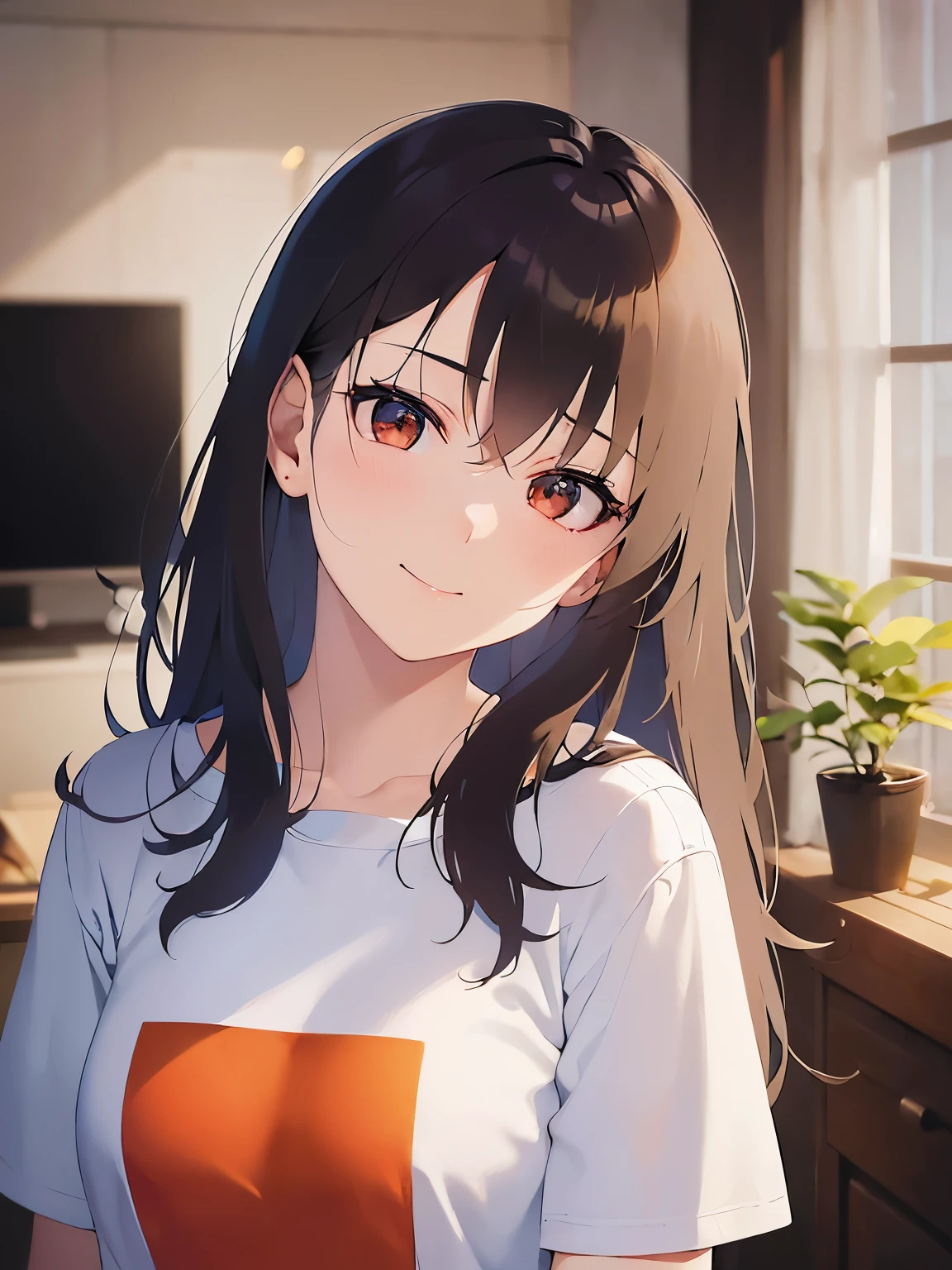 Upper Body, Realistic, real person, (pale skin: 1.2), RAW photo, photorealistic, portrait photography, shiny skin, japanese idol、shiny hair、(25 year old woman with medium hair with bangs) and (wavy hair) and (brown hair) and (orange eyes) , (black) and (T-shirt) and (oversize) 、(sad:1.2), smile, The background is the living room、Alone、Are standing