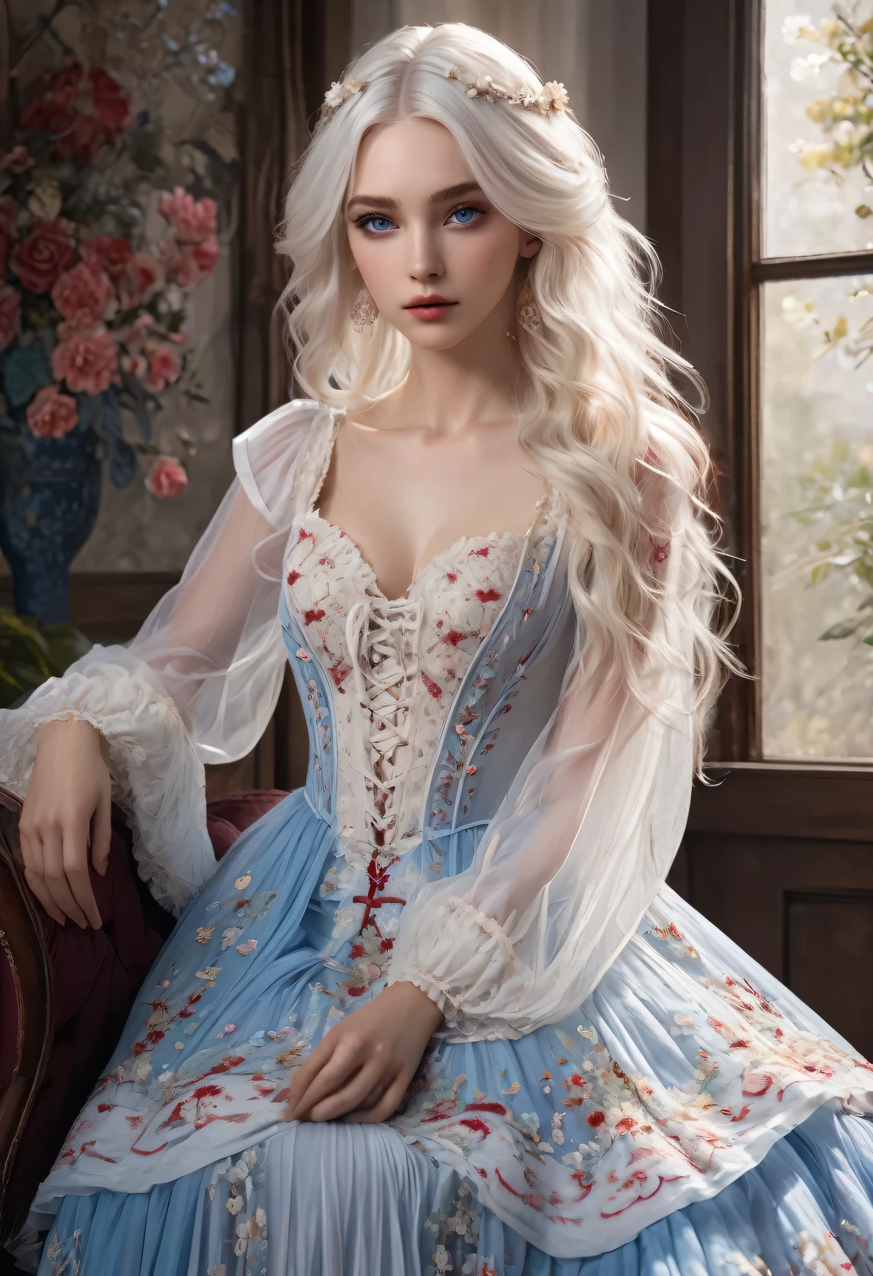 ((Extremely detailed CG unified 8K wallpaper)), masterpiece, super detailed, floating, High resolution, Sexual innuendo, (small, White hair looks ridiculous, Princess, blue eyes, (Gorgeous long white and red sheer tiered maxi dress，Long parted wide sleeves and intricate embroidery), blush, Shy, Ruffled petticoat, Gorgeous corset,