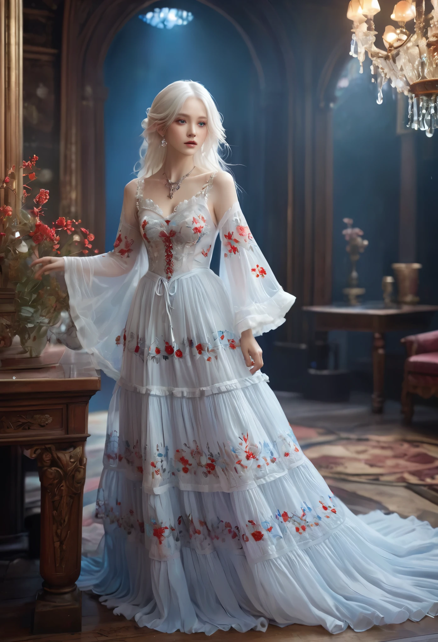 ((Extremely detailed CG unified 8k wallpaper)), masterpiece, Super detailed, floating, High resolution,  , (small, Ridiculously long white hair, Princess, blue eyes, (Gorgeous long white and red sheer tiered maxi dress，Long separate wide sleeves and intricate embroidery), blush, Shy, Ruffled petticoat, Gorgeous corset,