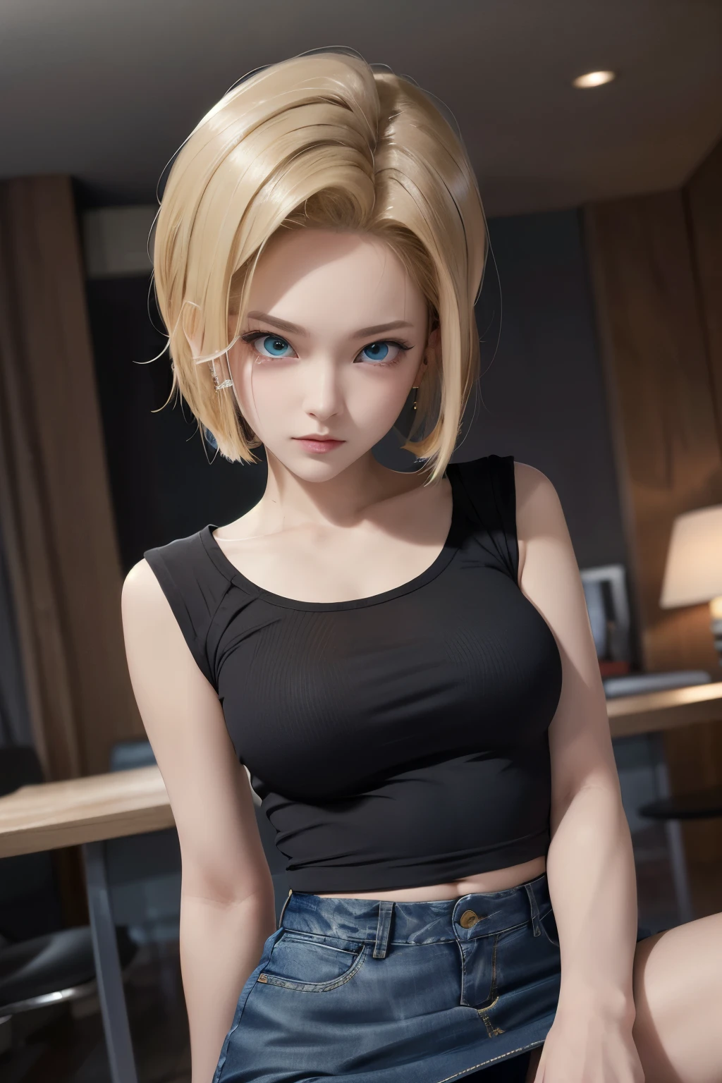 Anime Dragon Ball Android 18、highest quality、masterpiece、real、high resolution、jeans mini tight skirt、sharp eyes、Light Blue Eyes、real人造人間18号