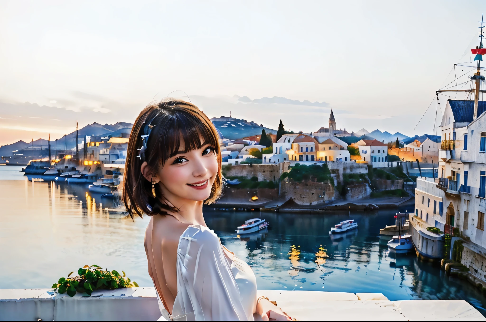 Young beautiful woman looking back and smiling with the Greek harbor in the background in the evening、white dress、precise watercolor painting、abstract expression、fairy tale、 ((highest quality)), ((high resolution 16k)), ((The background is realistic and beautiful.)), --automatic