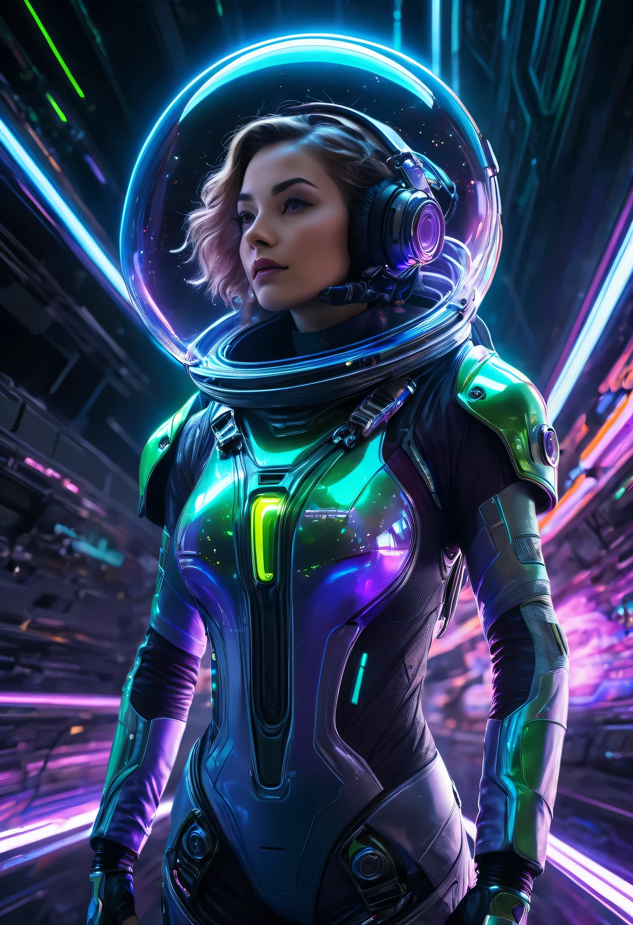 (4K), (Highest quality), (Best details)(Surreal),French Beautiful Girl、Purple Hair、Green Eyes、The giant star Betelgeuse floats in the night sky、Spacewalk