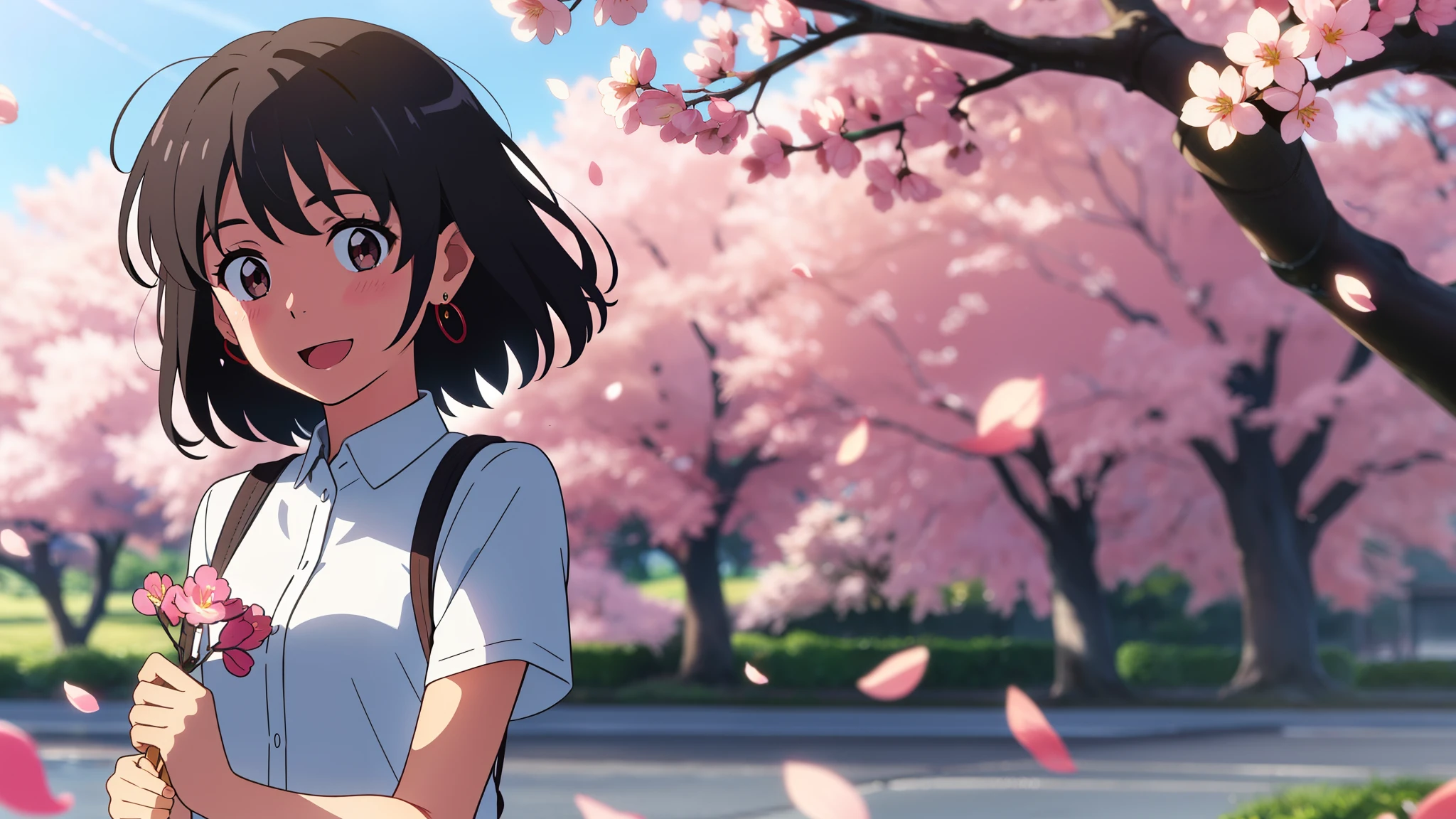 shinkai makoto, kimi no na wa., 1girl, bangs, black hair, blush, round eyes, bright eyes, brown eyes, red headband, red ribbon, short hair, shinny hair, smile, open mouth, :D. cute, beautiful, shiny skin, looking at the viewer, solo, white dress with cherry blossoms, short sleeves, earrings, cherry_blossoms, falling_petals, petals, branch, pink_flower, blue_sky, sunlight, spring_season, perfect hands, holding_flower, wind, tree