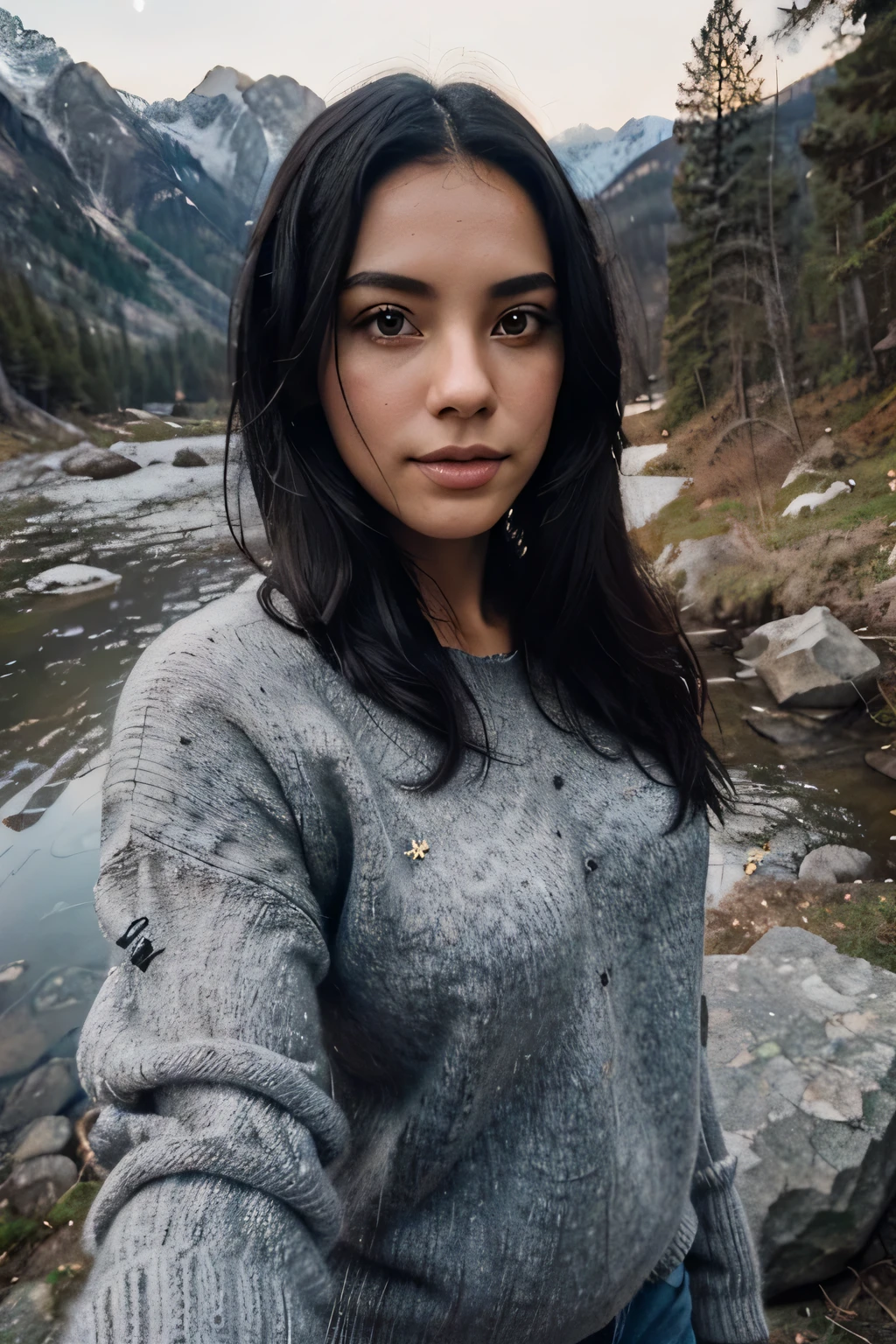 photograph, photo of beautiful woman, black hair, selfie, upper body, solo, wearing pullover, outdoors, (night), mountains, real life nature, stars, moon, cheerful, happy, gloves, sweater, forest, rocks, river, wood, smoke, fog, looking at viewer, skin texture, photo grain, close up, RAW photo
