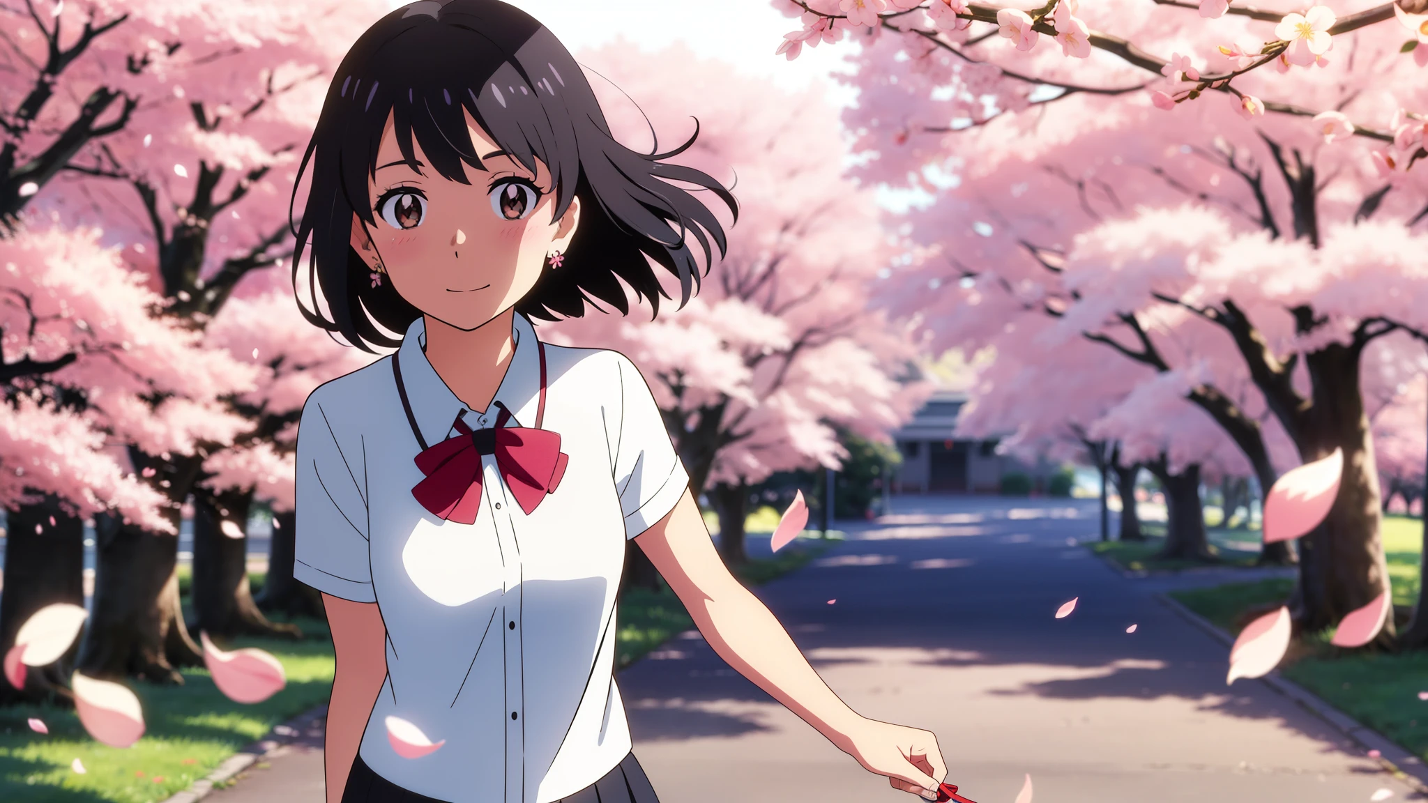 shinkai makoto, kimi no na wa., 1girl, bangs, black hair, blush, bright eyes, brown eyes, red headband, red ribbon, short hair, shinny hair, smile. cute, beautiful, shiny skin, looking at the viewer, solo, white dress, pleated skirt, short sleeves, earrings, cherry_blossoms, falling_petals, petals, branch, pink_flower, sunlight, spring_season, wind, tree