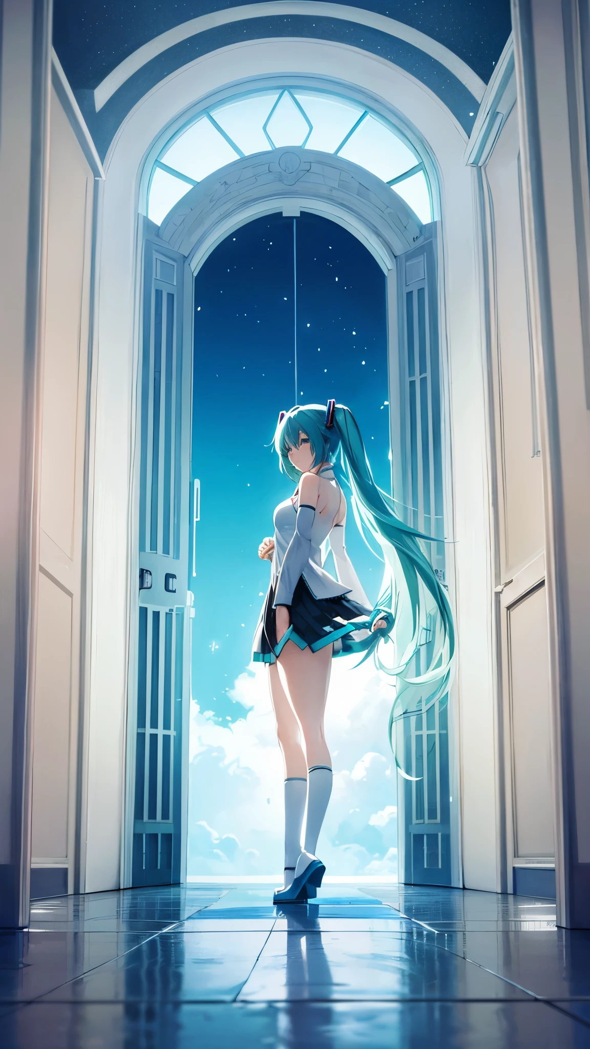 anime character、Hatsune Miku、Opening the big door and shining brightly