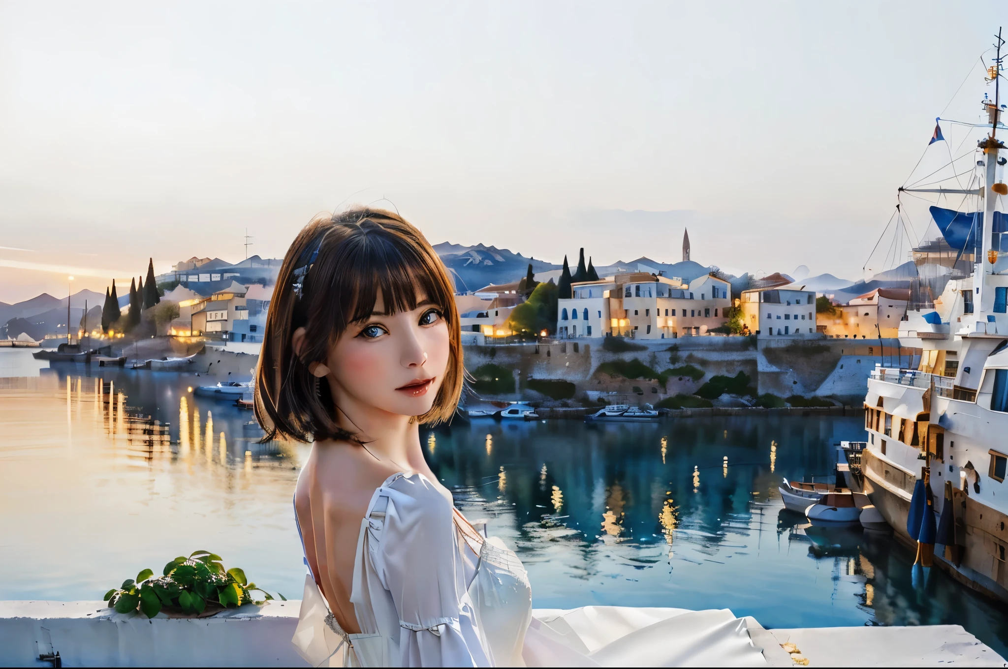 Young beautiful woman looking back at the Greek harbor in the evening、mysterious facial expression、white dress、precise watercolor painting、abstract expression、fairy tale、 ((highest quality)), ((high resolution 16k)), ((The background is realistic and beautiful.)), --automatic