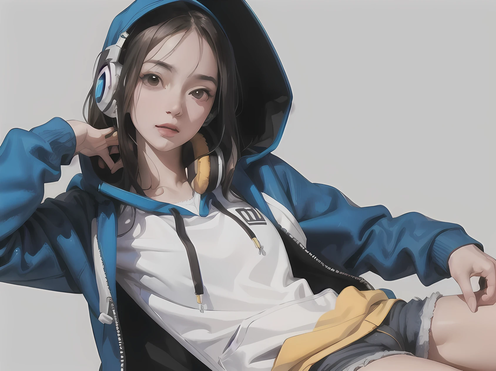 (masterpiece:1.2, highest quality), (highly detailed face, real picture, realistic skin, realistic body, intricate details), alone, 1 milf, casual,hoodie、shorts、headphone