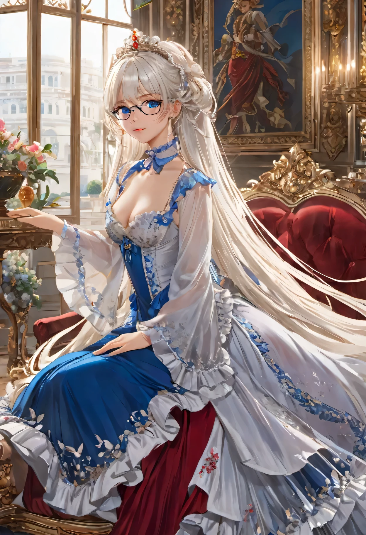 anime art style:((Extremely detailed CG unified 8K wallpaper)), masterpiece, super detailed, floating, High resolution, Sexual innuendo, a girl's joy,White hair looks ridiculous, Princess, blue eyes, (Gorgeous long white and red sheer tiered maxi dress,Long parted wide sleeves and intricate embroidery), Ruffled petticoat, Gorgeous corset,luxurious palace, royal style, (wear glasses),(hair accessories),