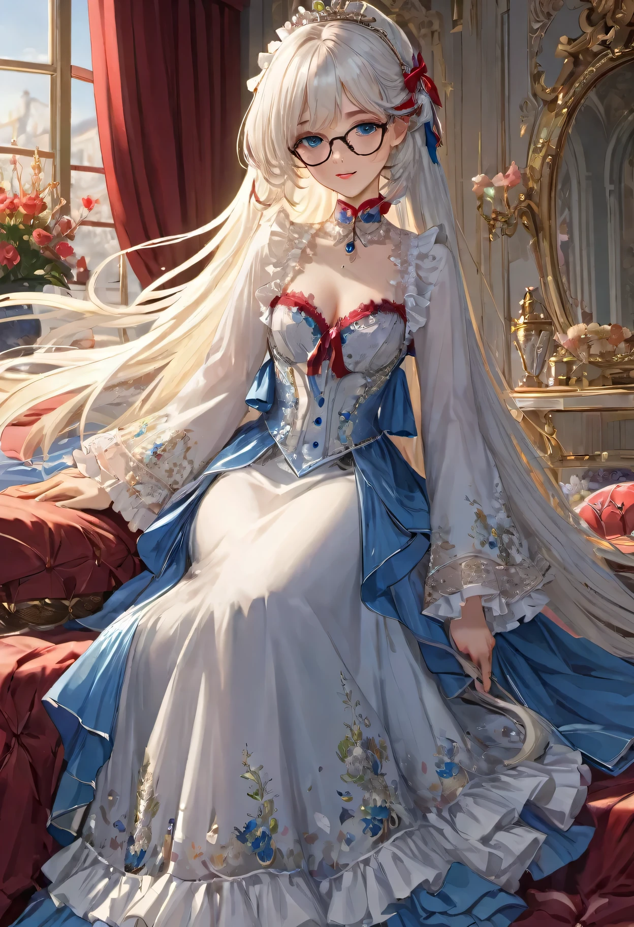 anime art style:((Extremely detailed CG unified 8K wallpaper)), masterpiece, super detailed, floating, High resolution, Sexual innuendo, a girl's joy,White hair looks ridiculous, Princess, blue eyes, (Gorgeous long white and red sheer tiered maxi dress,Long parted wide sleeves and intricate embroidery), Ruffled petticoat, Gorgeous corset,luxurious palace, royal style, (wear glasses),(hair accessories),