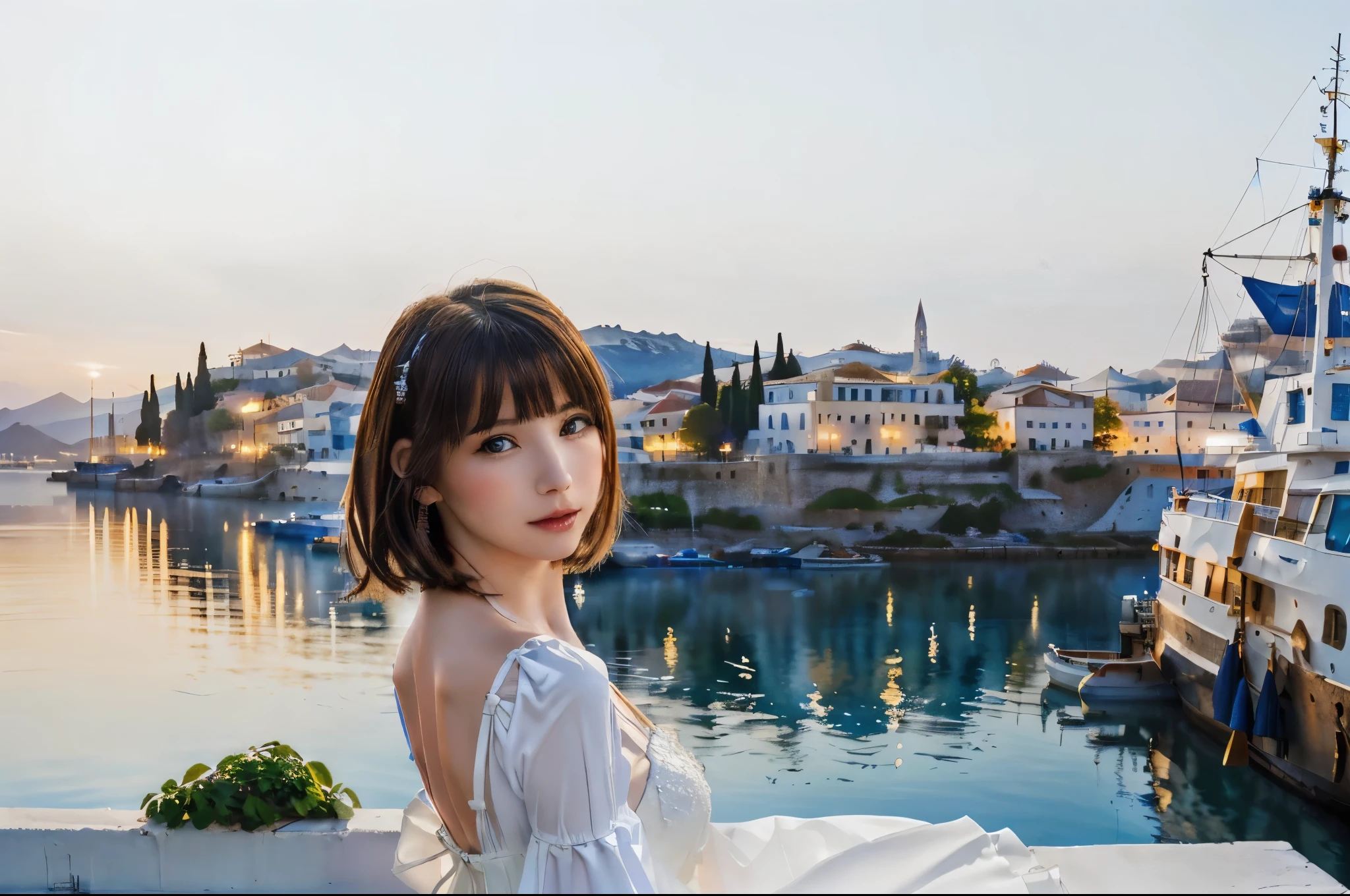 Young beautiful woman looking back at the Greek harbor in the evening、mysterious facial expression、white dress、precise watercolor painting、abstract expression、fairy tale、 ((highest quality)), ((high resolution 16k)), ((The background is realistic and beautiful.)), --automatic