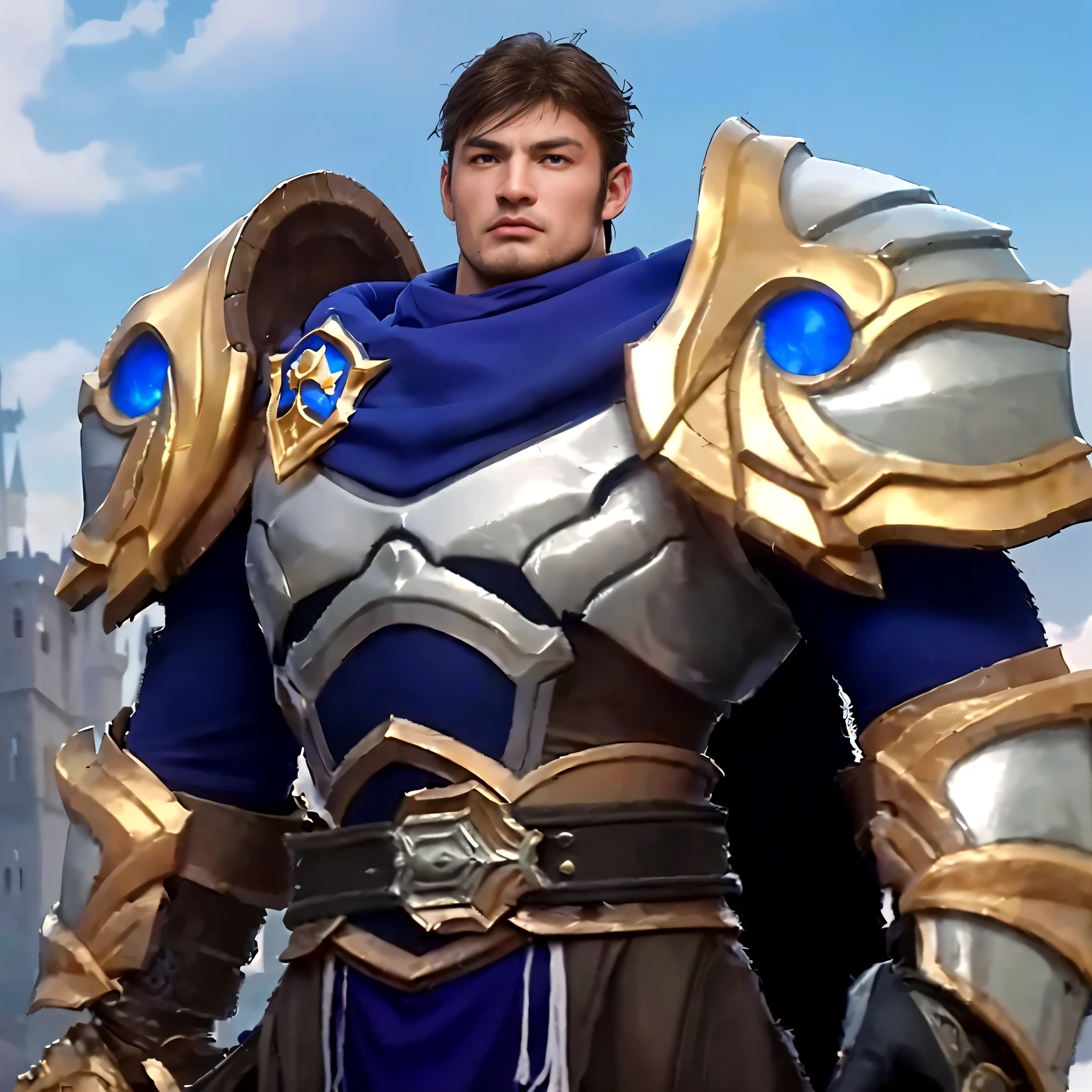 (highres, realistic, vivid colors), a man in a blue and gold outfit standing in front of a castle, with brown hair, wearing epic armor, (detailed facial structure), intense eyes, (strong and chiseled jawline), (intricate armor decorations), (metallic shine), (ornate patterns), (imposing presence), (confident posture), (cloth flowing in the wind), (dramatic lighting), (majestic castle silhouette in the background), (a sense of power), (medieval vibes), (tall spires), (stone walls), (castle interior hints), (mysterious aura), (depth and grandeur), (fine attention to fabric details), (battle scars on armor), (muscular physique), (hand on sword hilt), (foreboding atmosphere), (heroic fantasy setting), (commanding stance), (blue and gold color scheme), (intriguing narrative potential)