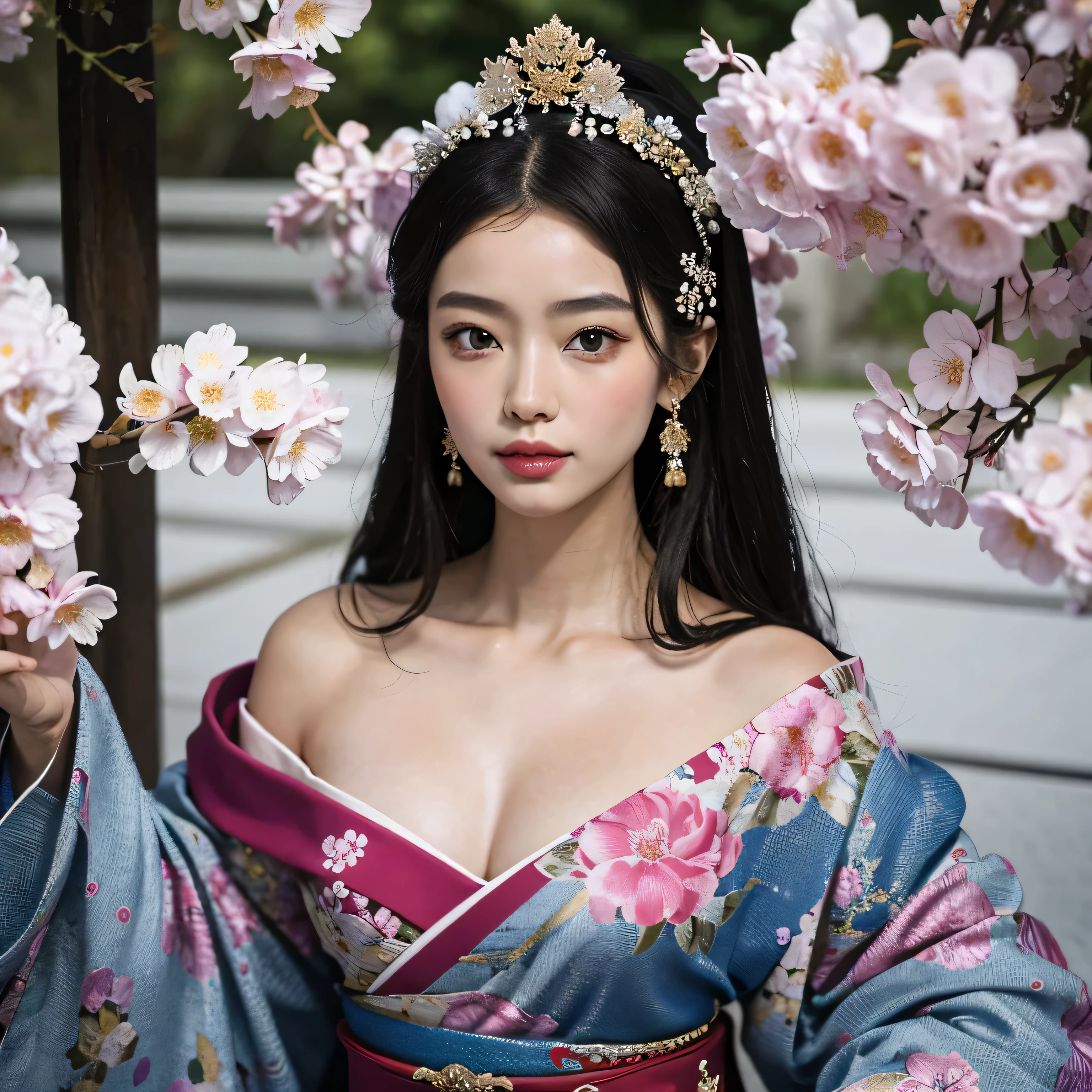 In a futuristic scene, Geisha in Japan with mechanical reinforcement、Elegant in elaborate gardens. She has beautifully detailed eyes and lips that complement her face.. Les geishas portent des kimonos traditionnels avec des motifs et des dessins complexes. Around her are bright cerisier and a quiet carp pond. The scene is painted with a mixture of'illustration et de photoréalisme, Ultra-detailed brushstrokes and clarity, Des couleurs vives. L'éclairage souligne les traits élégants de la geisha, Donne à sa peau de porcelaine un éclat doux. The works of'art are of the highest quality, Résolution 4K ou 8K, Showcase the Intricate Details of Geisha Outfit, cerisier, And the shimmering scales of the carp. La palette de couleurs globale est、C'est une combinaison de nuances traditionnelles du Japon, cramoisi, etc.., les noirs, and subtle golden accents, very flowery with cherry trees. La fusion des traditions anciennes et des fleurs de cerisier ,du printemps japonais、Create captivating, visually striking masterpieces.(shoulders are exposed), un air hautain,hautaine,La poitrine est visible、Vous pouvez voir la vallée、sont visibles、exposed shoulders、(collier en dentelle:1,2),Chest revealed、(Off the shoulder style) (teinte fuchsia:3,1)