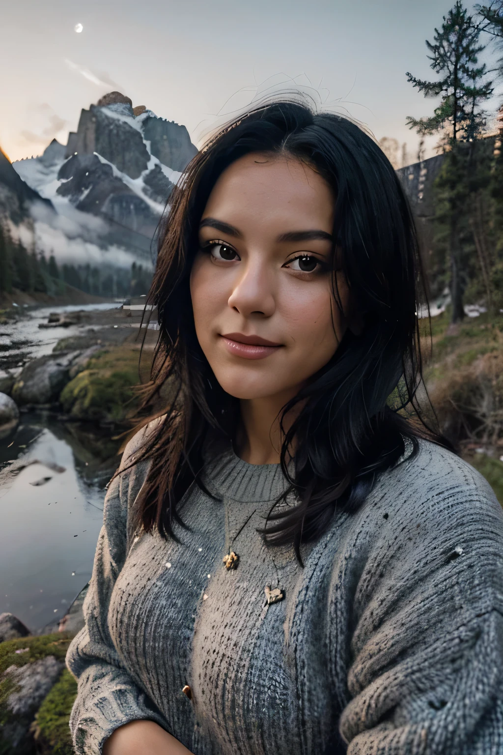 photograph, photo of beautiful woman, black hair, selfie, upper body, solo, wearing pullover, outdoors, (night), mountains, real life nature, stars, moon, cheerful, happy, gloves, sweater, forest, rocks, river, wood, smoke, fog, looking at viewer, skin texture, photo grain, close up, RAW photo