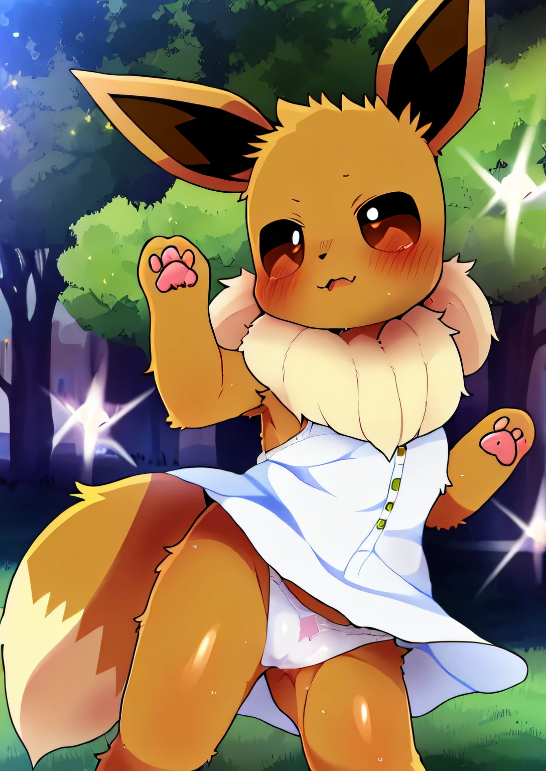 female, solo, pokemon (species) eeveelution, eevee, multi colored fur, fluffy, hires, detailed, anime, kemono, dagasi, park, detailed background, beautiful detail, sparkles, pixiv, cute kawaii, white sundress, dancing, white panties, upskirt, camel toe,