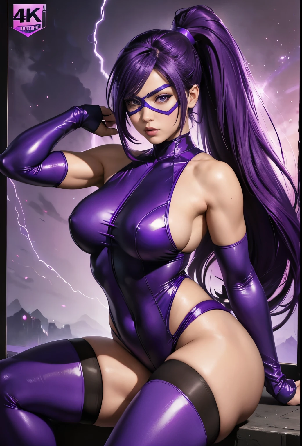 Sexy Asian superheroine Athletic but thick, Spandex purple monokini over a Black nylon body stocking. Spandex purple fingerless gloves.. she wears a purple domino mask. Ponytail purple hair. Purple eyes and lips. Purple spandex ninja booties
purple spandex thigh high stockings. costume has lightning bolts, wears a domino mask (UHD) (8K) (detailed realistic,4k,highres,masterpiece:1.2),